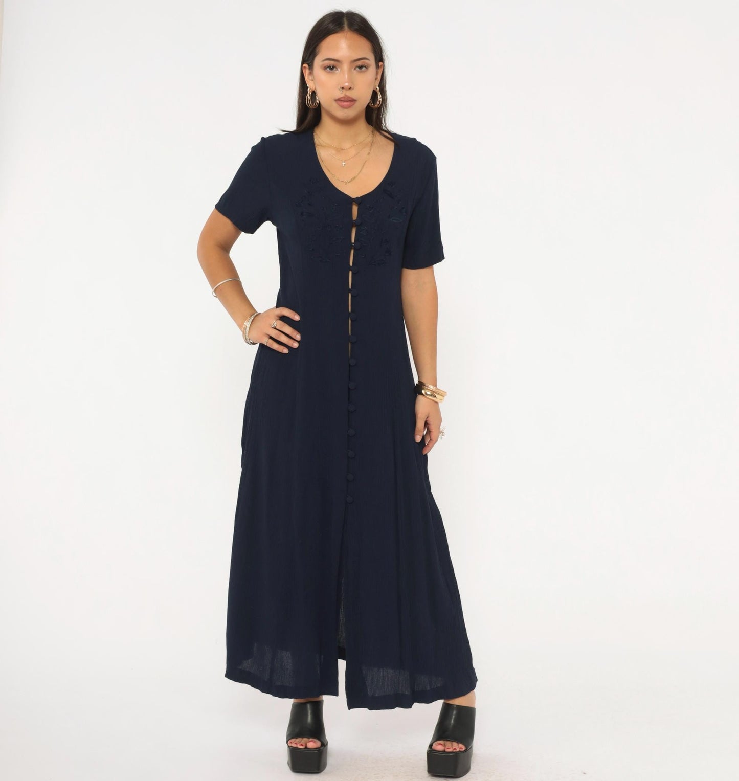 90s Fashion Bug Navy Maxi Dress Floral Embroidery Button Front Medium Large