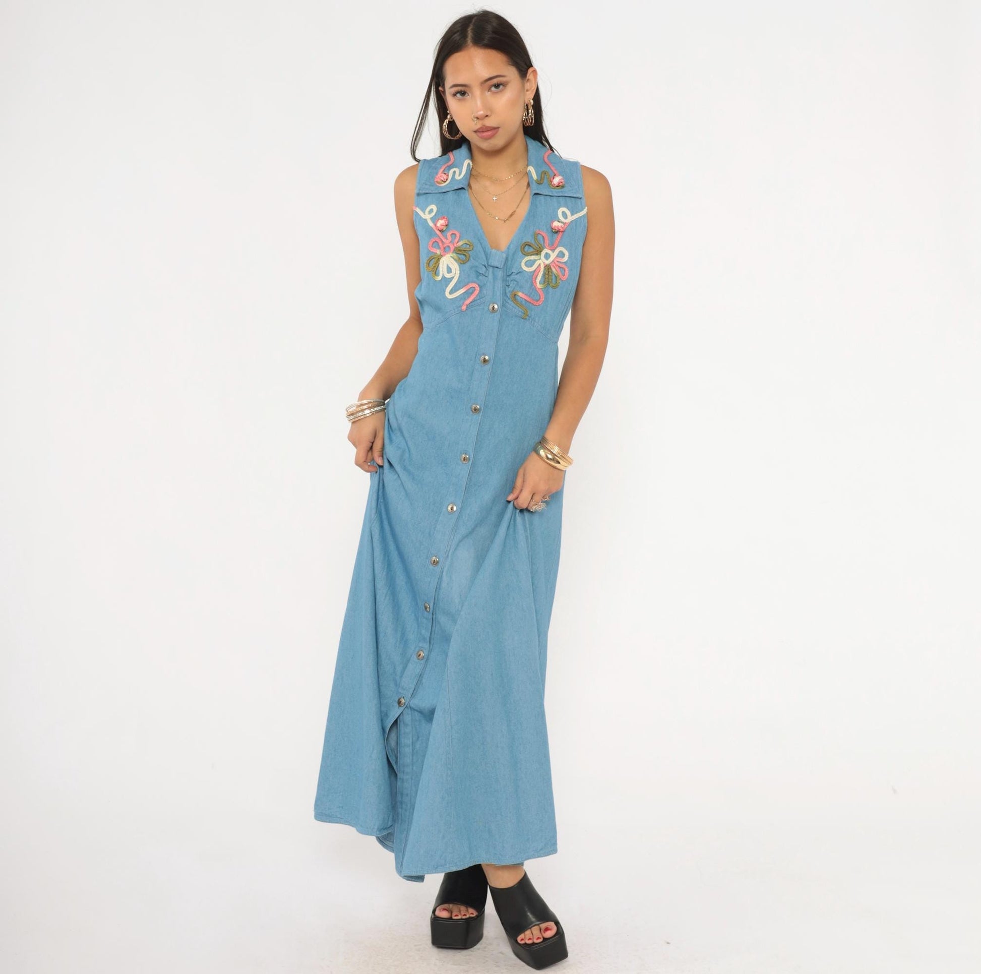 90s Midnite Light Blue Denim Maxi Dress Floral Embroidery Collared Medium M