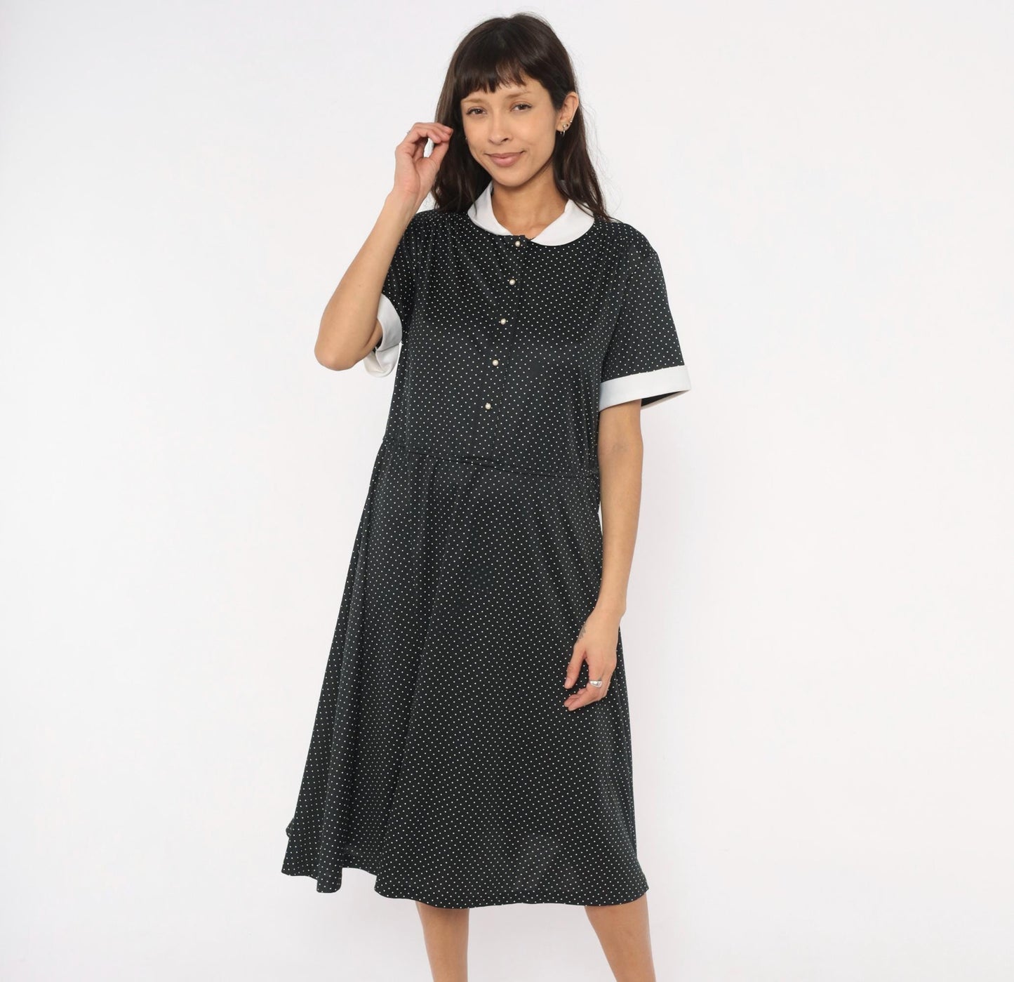 1970s Black White Polka Dot Peter Pan Collar Midi Dress Plus Size XL