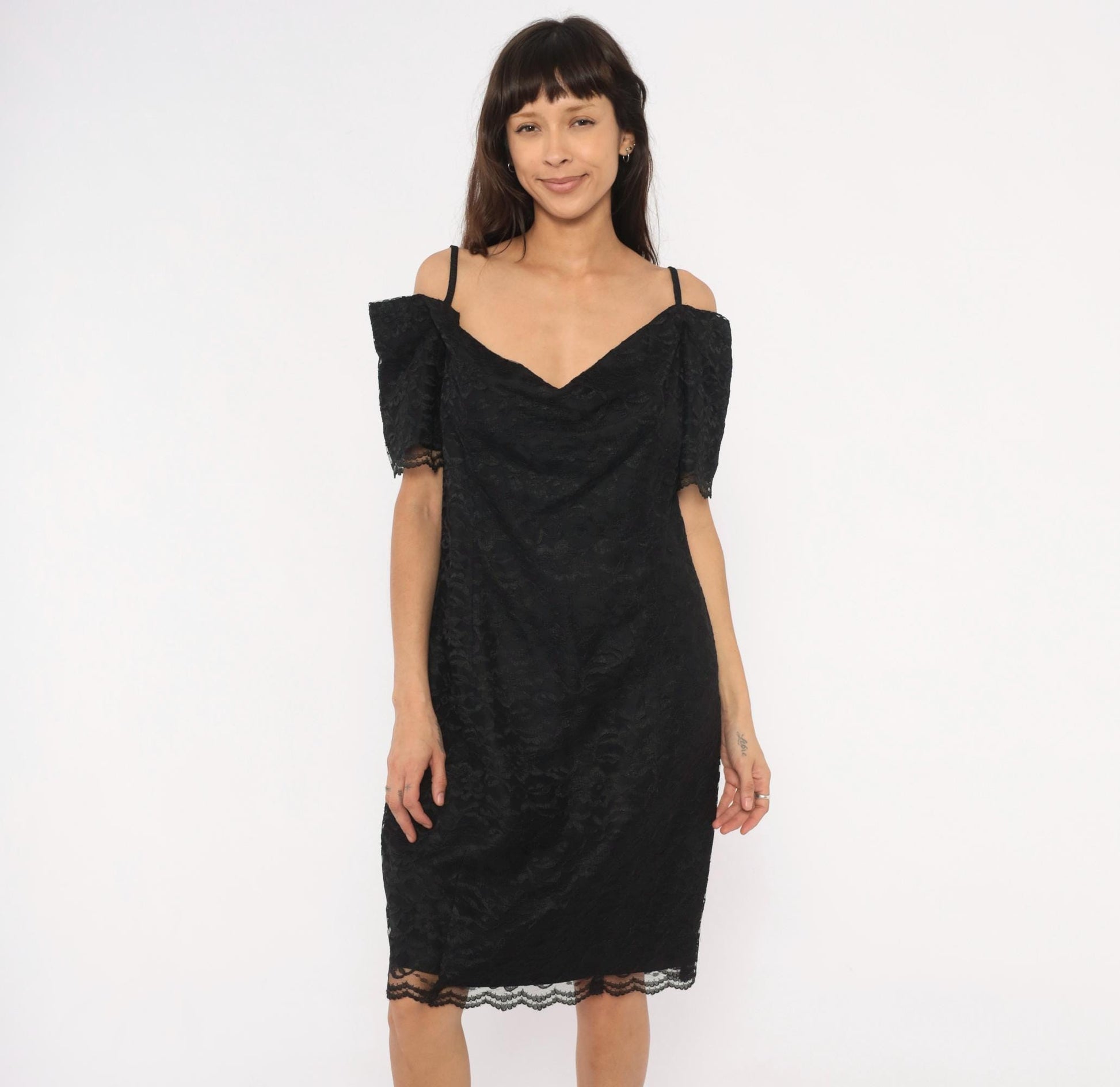90s Victoria Stephens Black Lace Cold Shoulder Dress Knee Length Large L