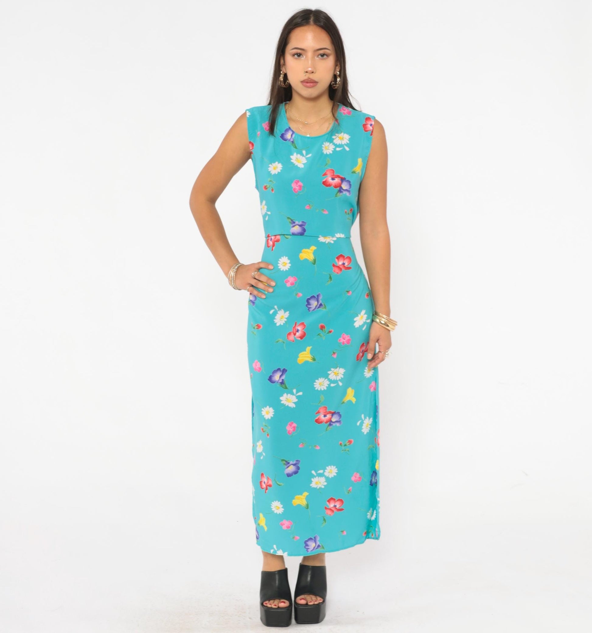 90s Top Secret New York Floral Maxi Dress Turquoise Wildflower Medium M