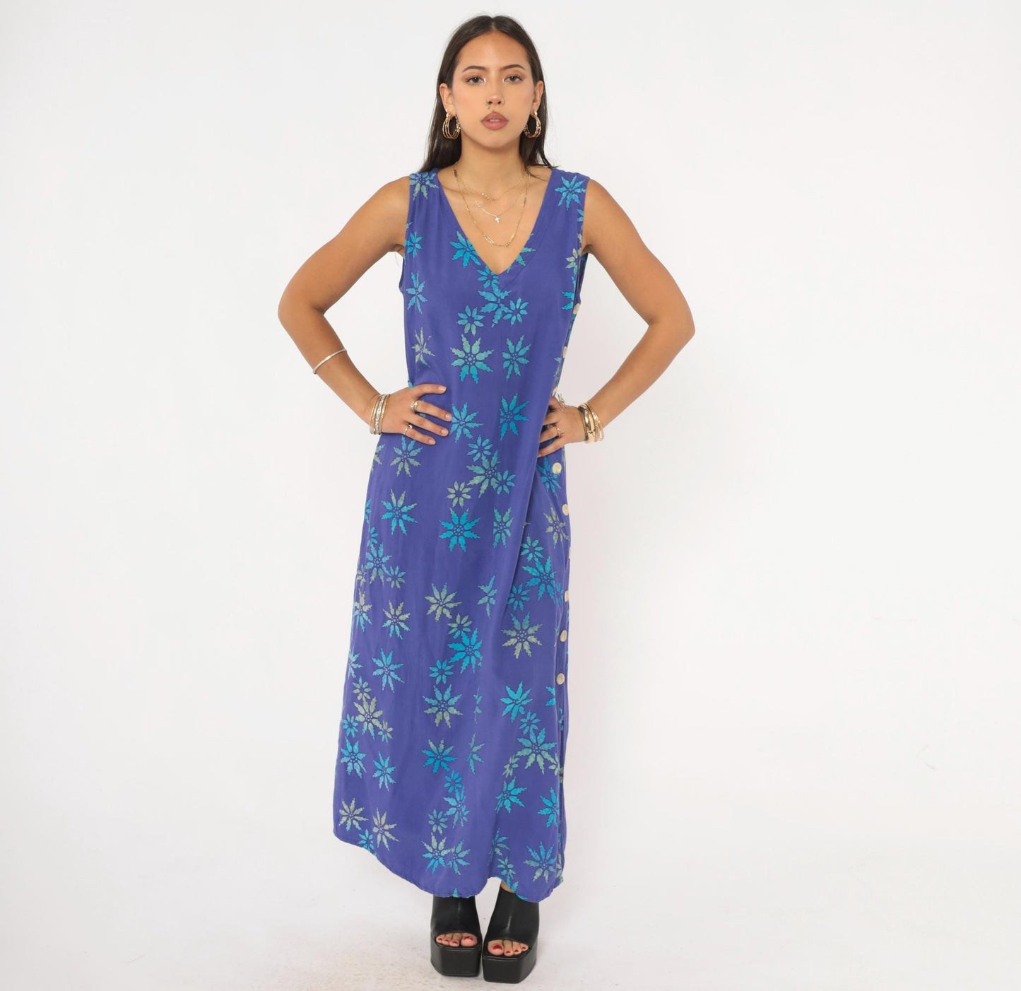 90s Temptation Batik Maxi Dress Purple Teal Starburst Floral Sleeveless Medium
