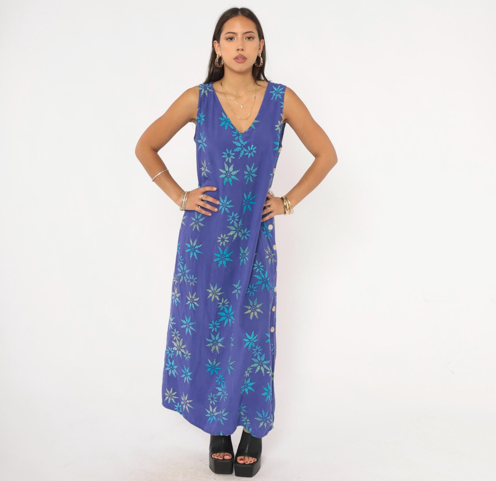 90s Temptation Batik Maxi Dress Purple Teal Starburst Floral Sleeveless Medium