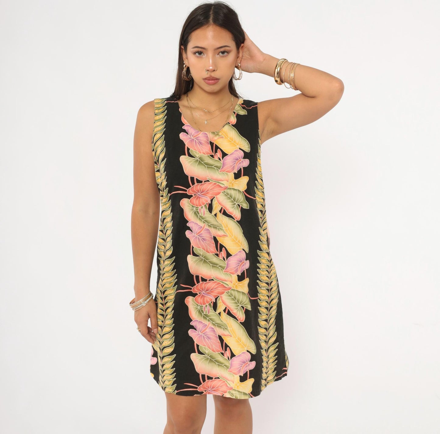 90s Kalaheo Hawaiian Shift Dress Black Tropical Floral Mini Small S