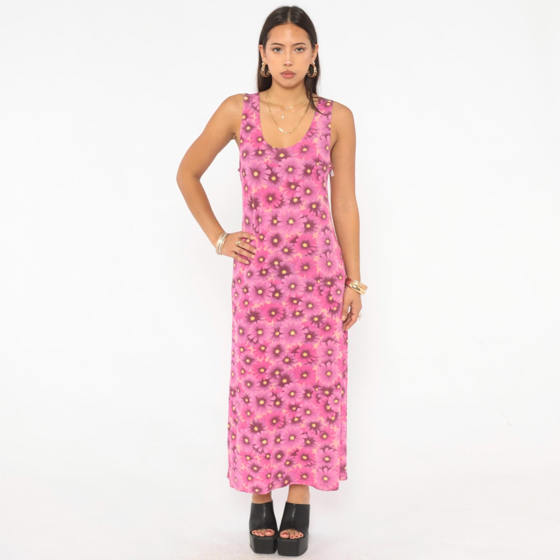 90s Pacific Palm Pink Floral Maxi Dress Daisy Tank Scoop Neck Medium M