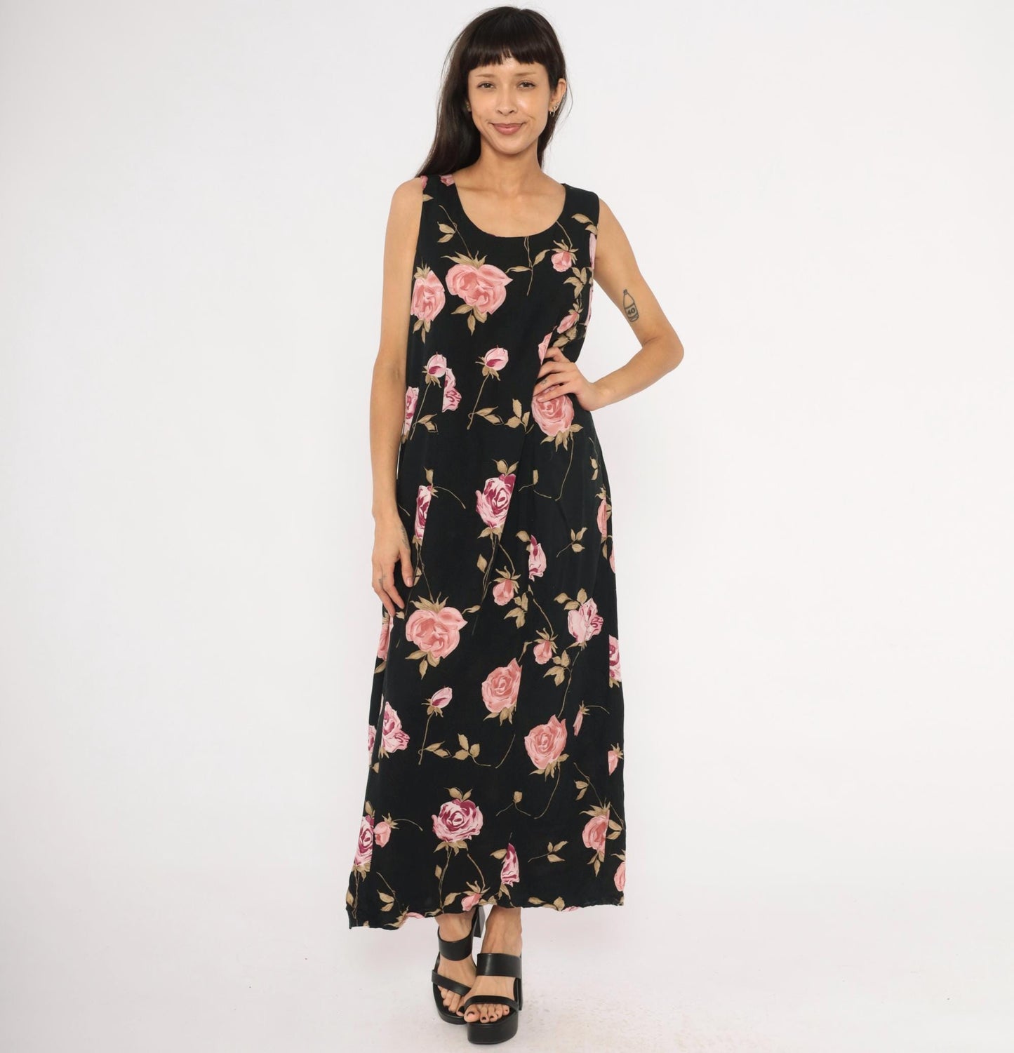 90s Jodi Michaels Rose Print Maxi Dress Black Pink Sleeveless Large L