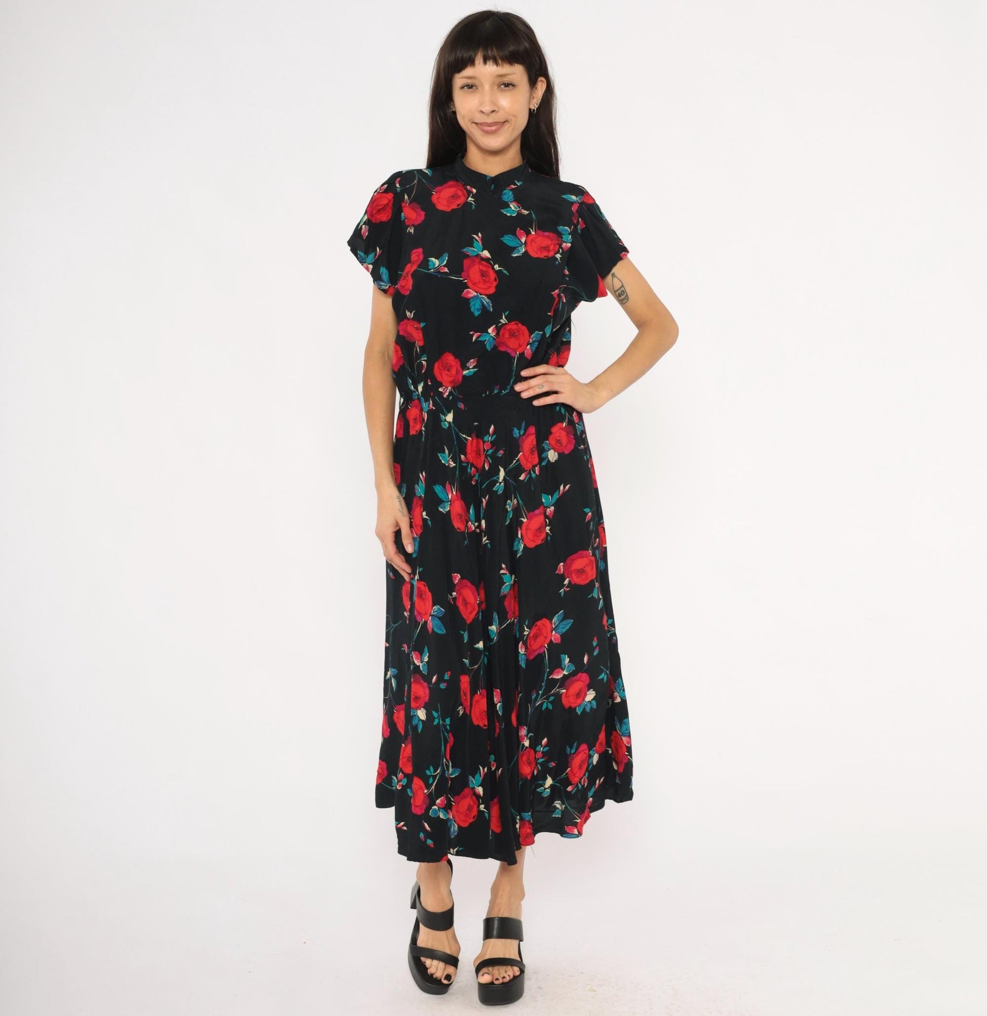 90s Nina Piccalino Black Midi Dress Red Rose Print Mandarin Collar Large L