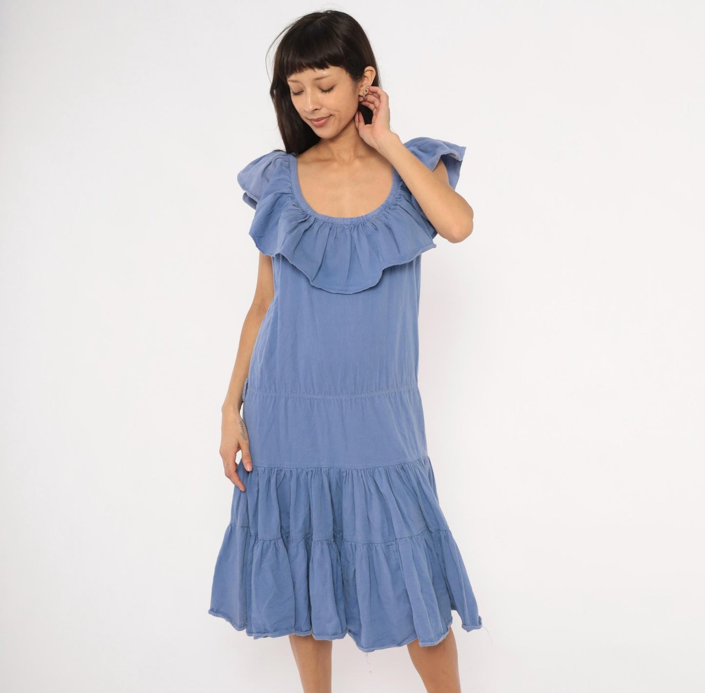 80s Jb Periwinkle Cotton Sundress Tiered Ruffle Midi Powder Blue Large L