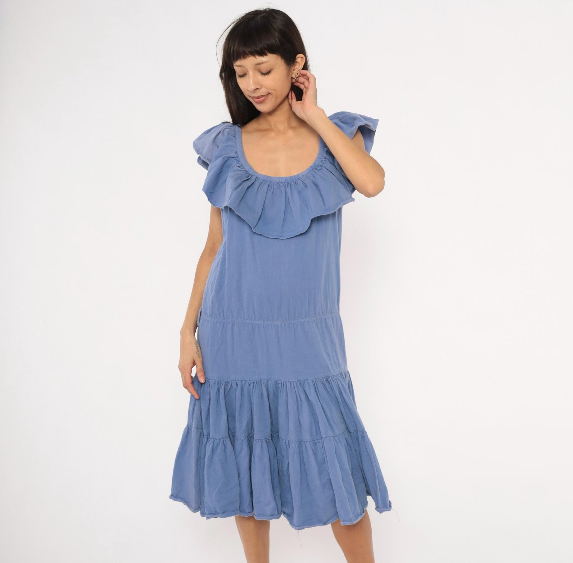80s Jb Periwinkle Cotton Sundress Tiered Ruffle Midi Powder Blue Large L