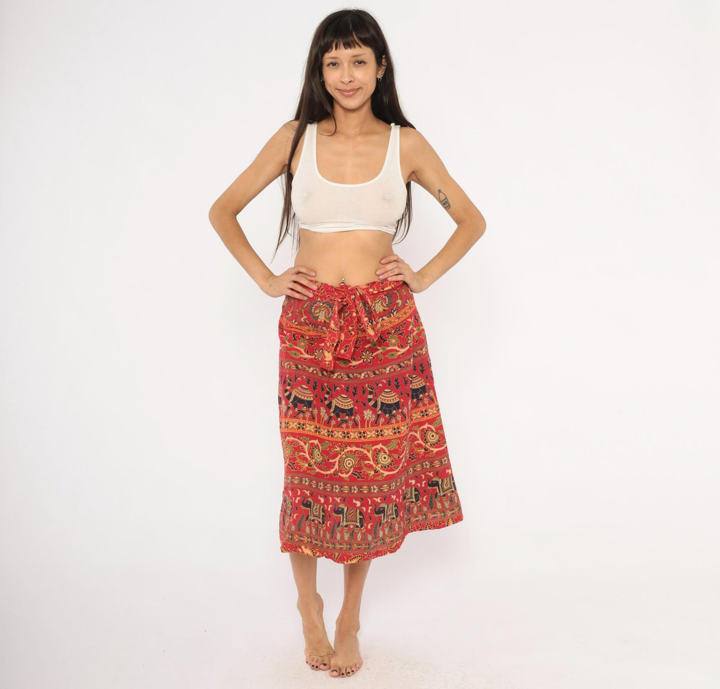 90s Indian Block Print Cotton Wrap Skirt Red Elephant Floral Small