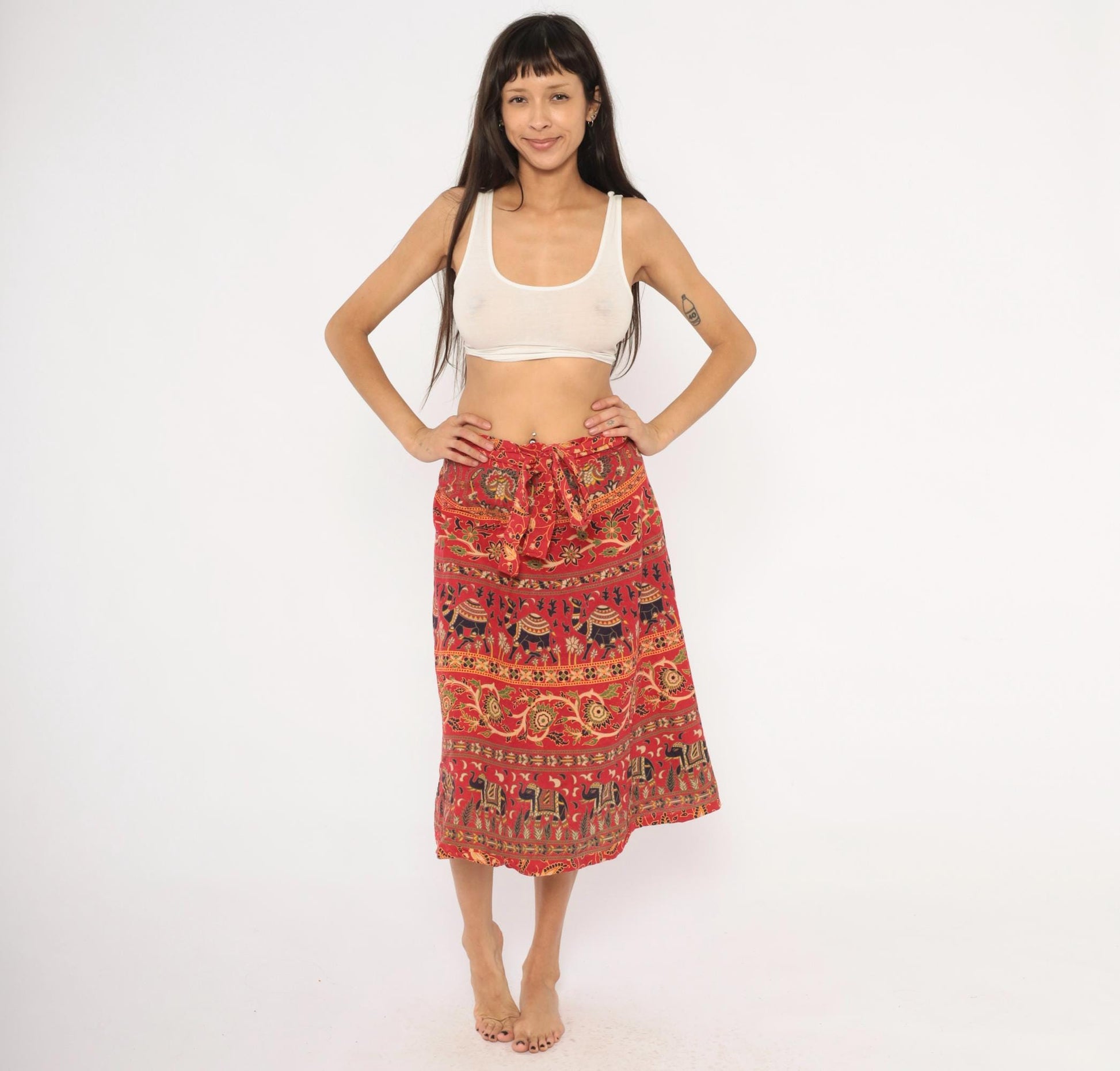90s Indian Block Print Cotton Wrap Skirt Red Elephant Floral Small