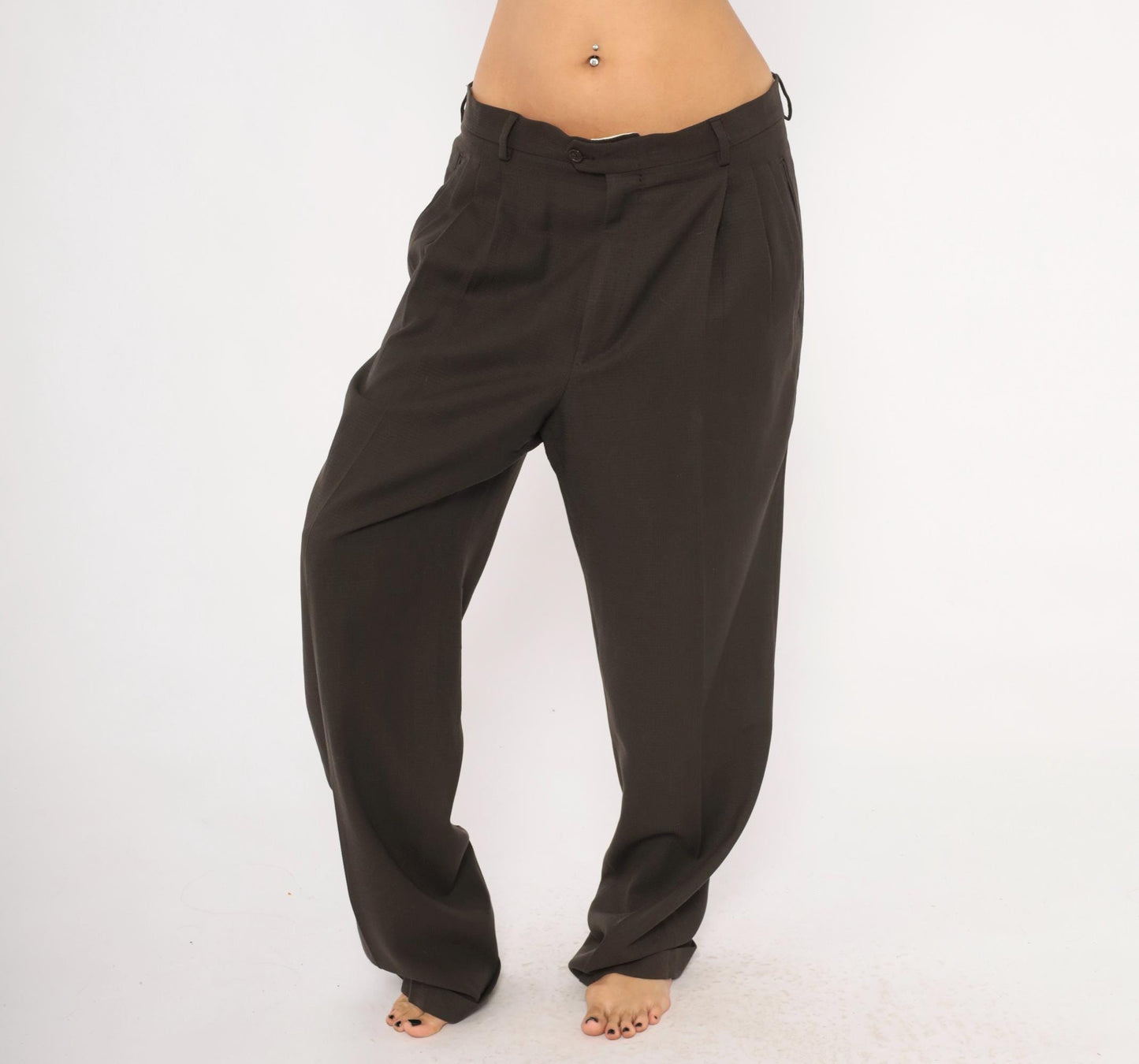 70s Wool Pleated Trousers Brown Micro-Check Wide Leg Dress Pants 36x33