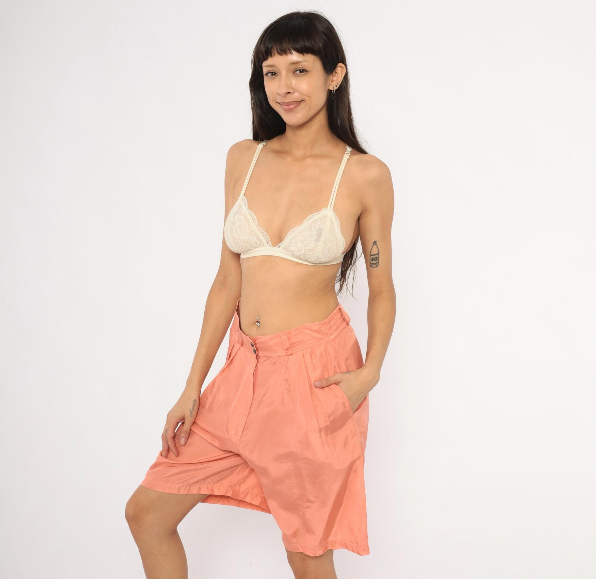 90s Forenza Silk Bermuda Shorts Peach Pleated High Waist Small S