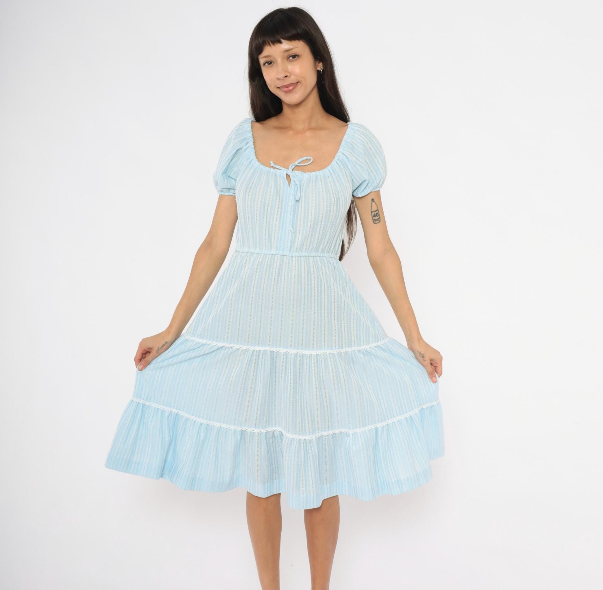 70s Sky Blue Striped Peasant Dress Puff Sleeve Tiered Skirt Lace Trim Medium M