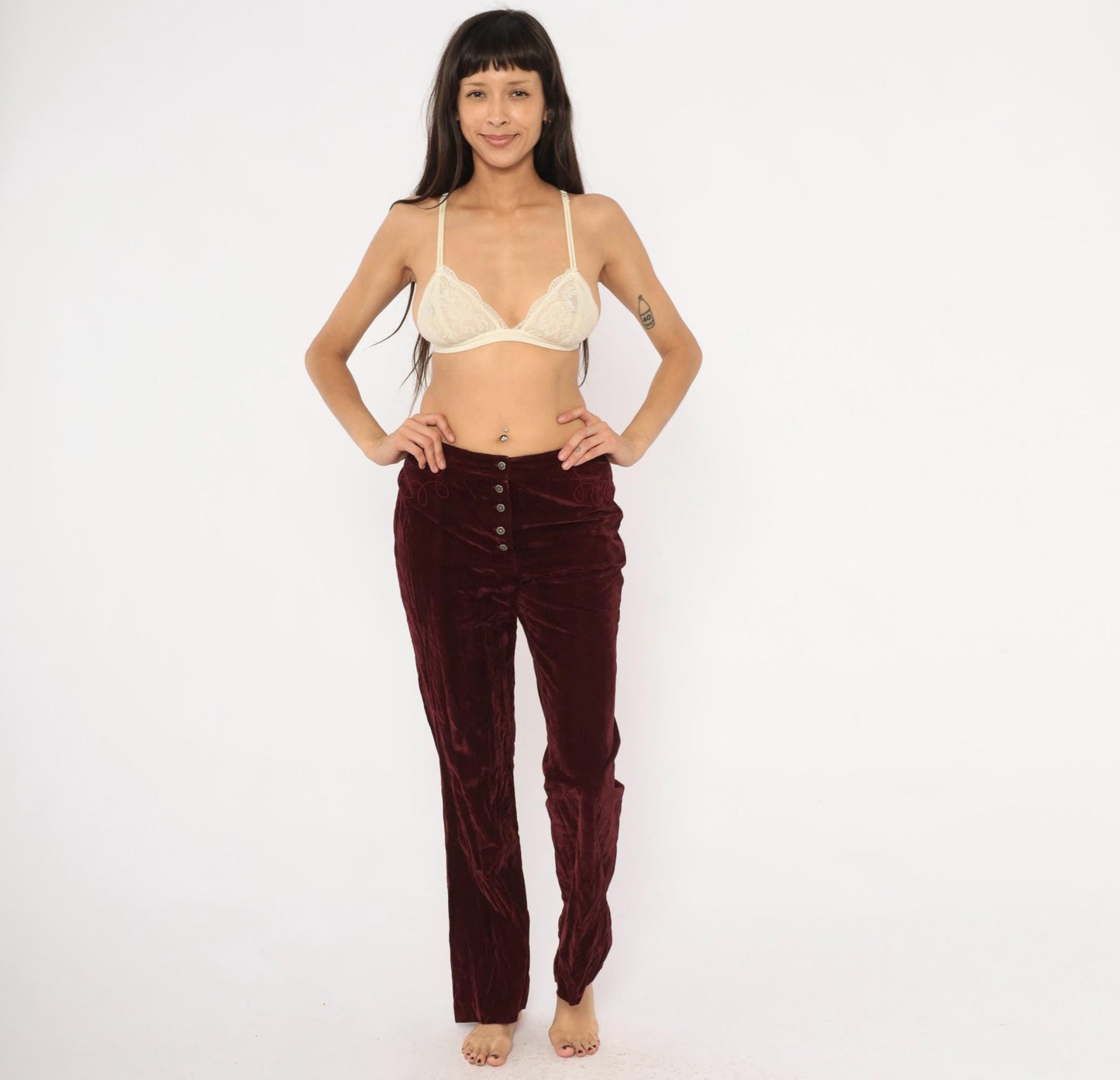 70s Burgundy Crushed Velvet Flare Pants Embroidered Low Rise Medium M