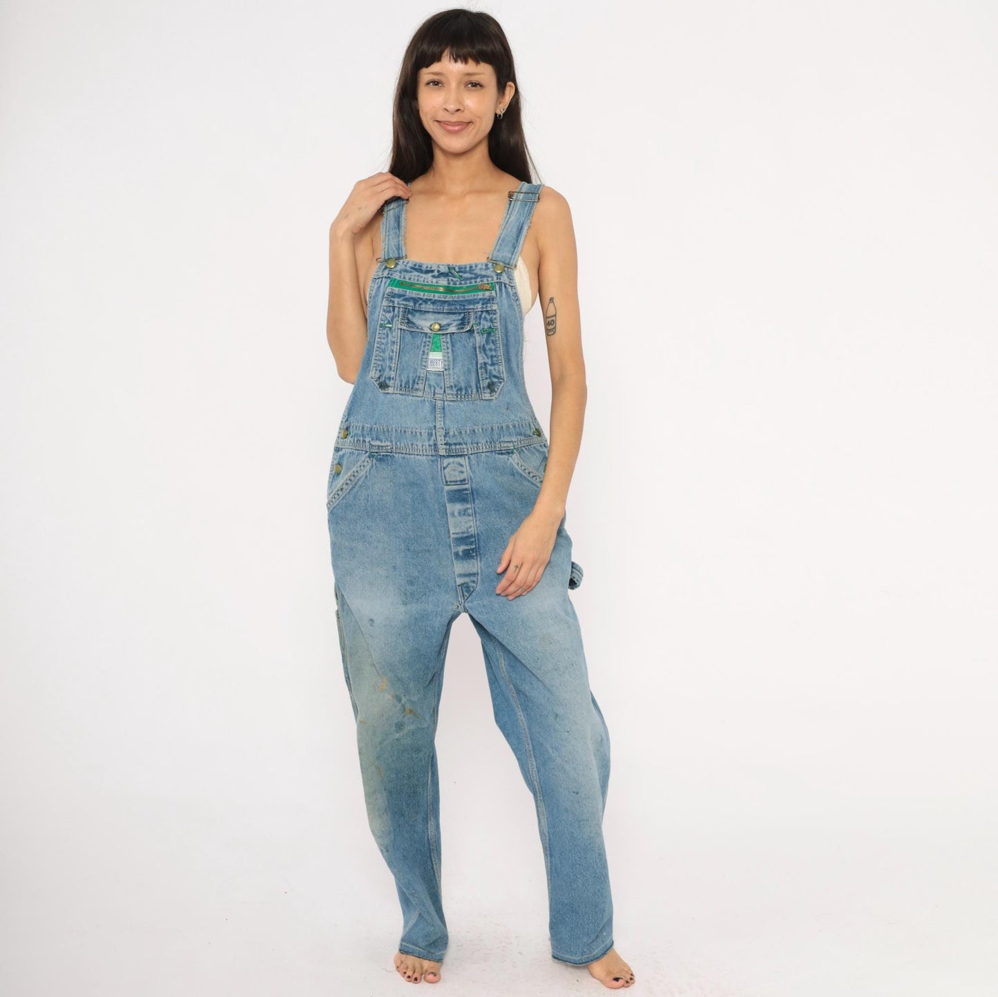 90s Liberty Denim Bib Overalls Green Zipper Distressed Workwear Medium