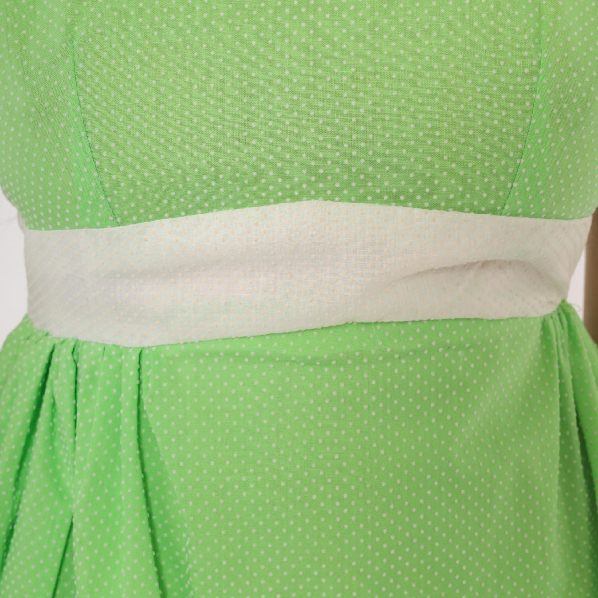 70s Lime Green Polka Dot Puff Sleeve Mini Dress Cotton Bow Waist Small S