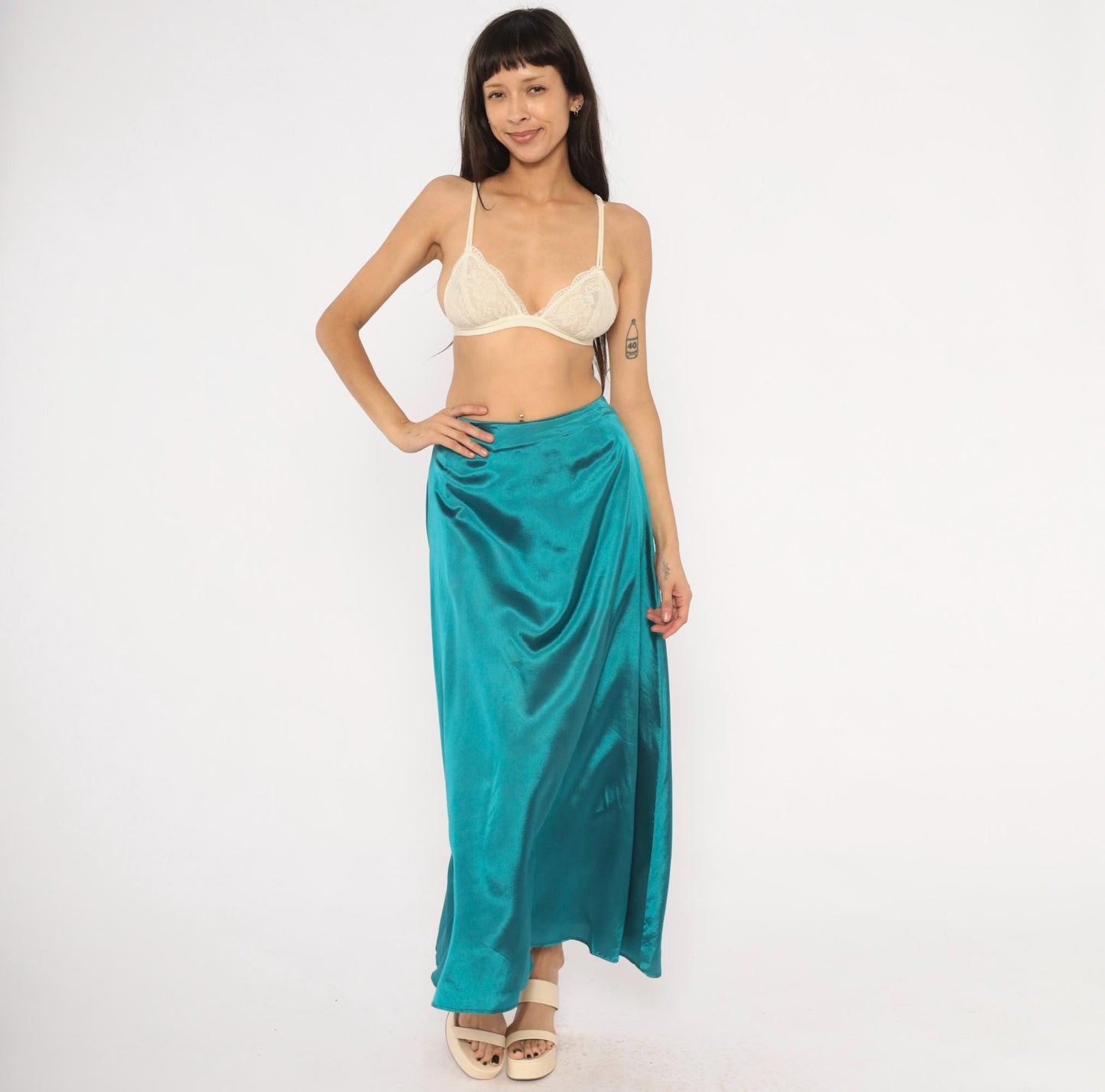 90s Star CCC Teal Satin A-Line Maxi Skirt High Waist Small S