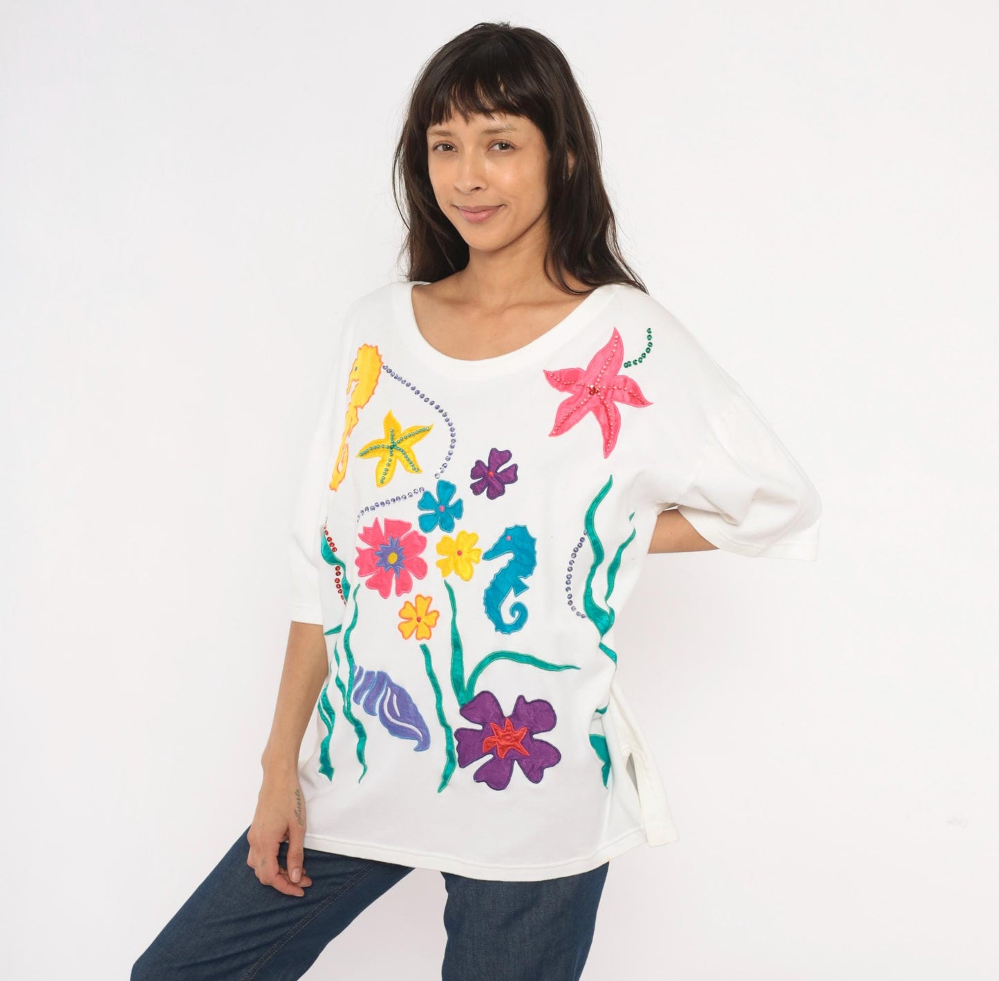 90s Extra-Touch Ocean Appliqué Tee Seahorse Starfish Rhinestone White XL