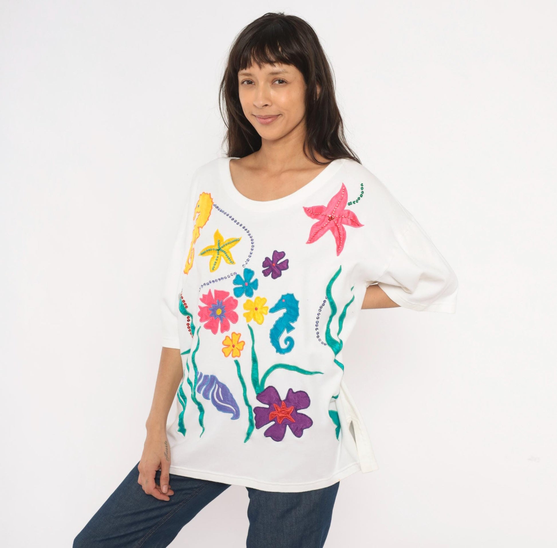 90s Extra-Touch Ocean Appliqué Tee Seahorse Starfish Rhinestone White XL