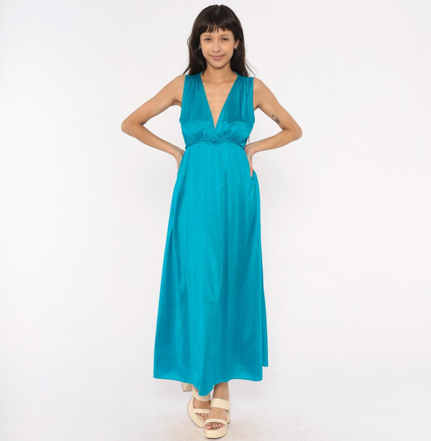 70s Teal Grecian Maxi Dress Deep V Neck Empire Waist Nylon Large L