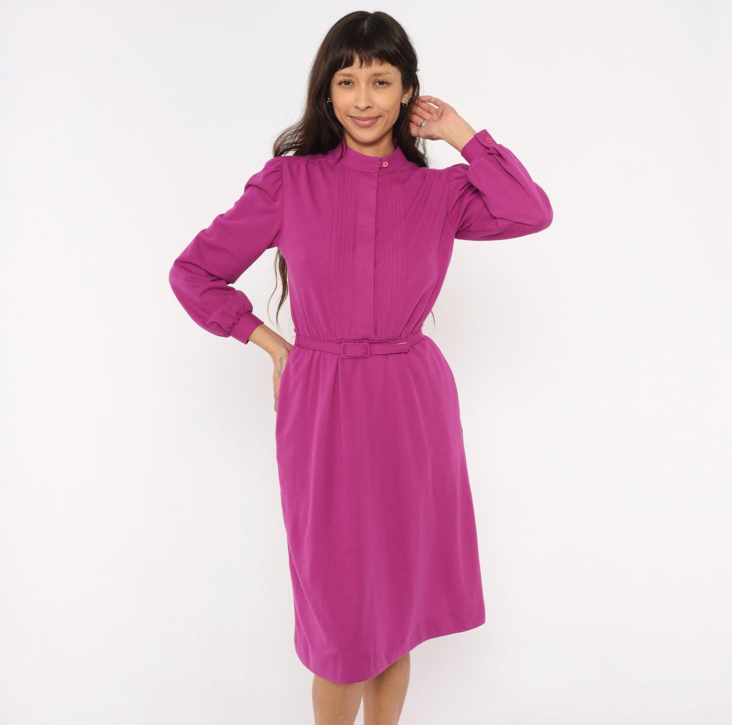 80s JcPenney Magenta Pintuck Dress Puff Sleeve Belted Knee-Length Small