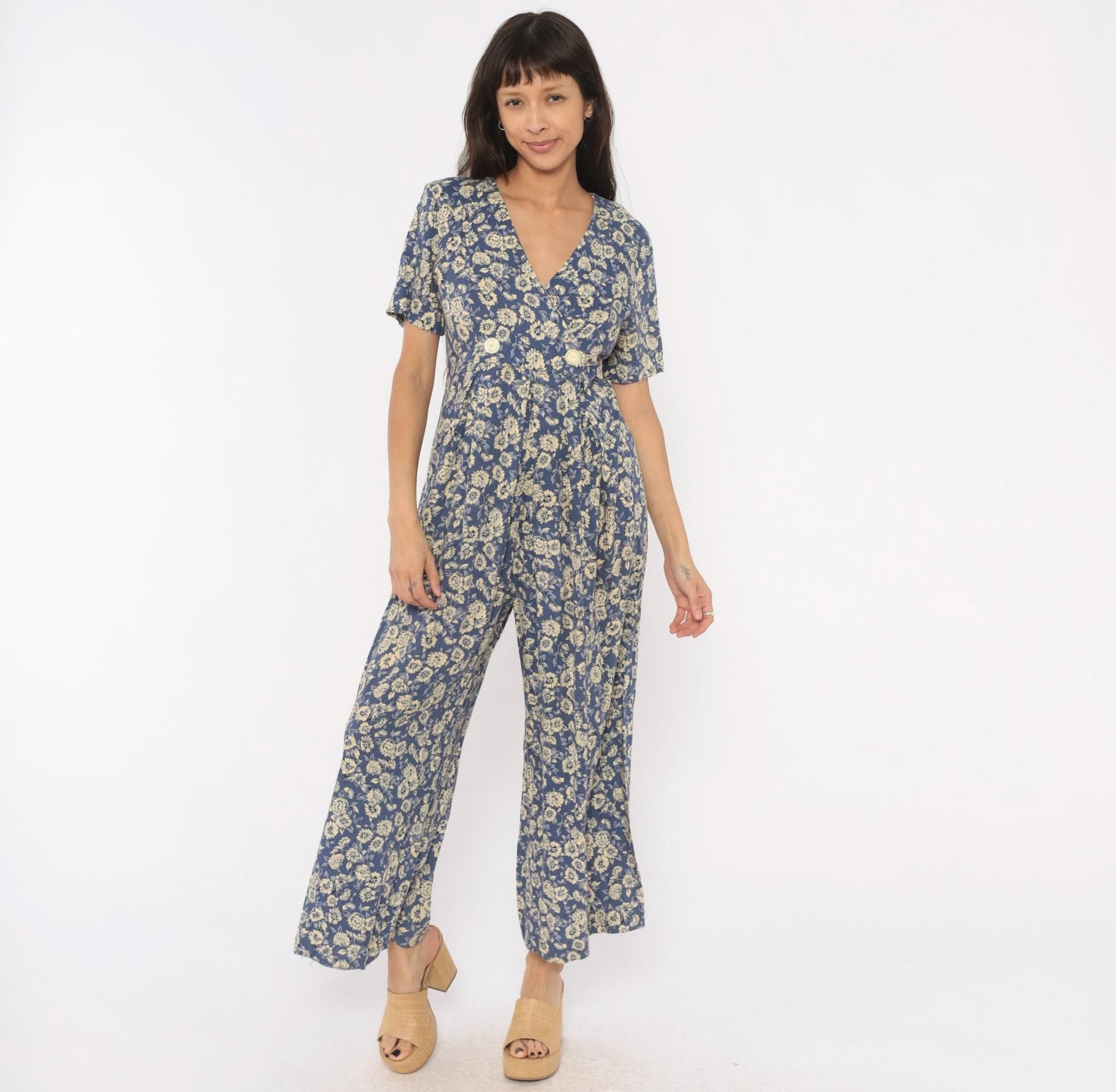 90s Jeffrey & Dara Floral Jumpsuit Cobalt Blue Wide Leg Wrap V Neck Medium M