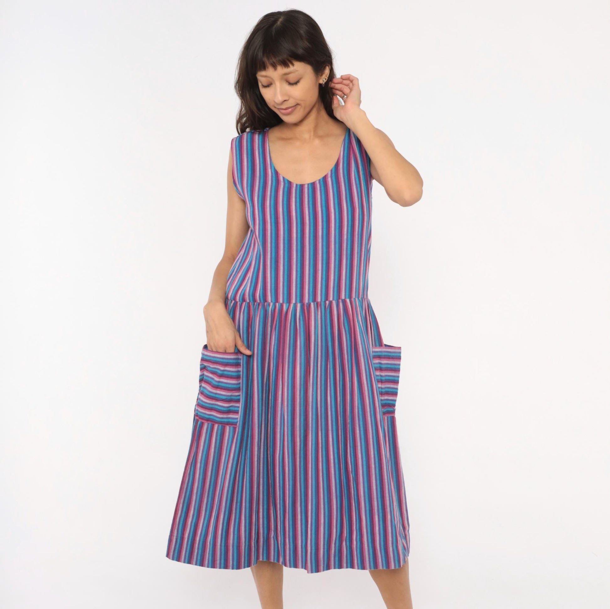 90s Quetzal Striped Cotton Midi Sundress Purple Cobalt Scoop Neck Small