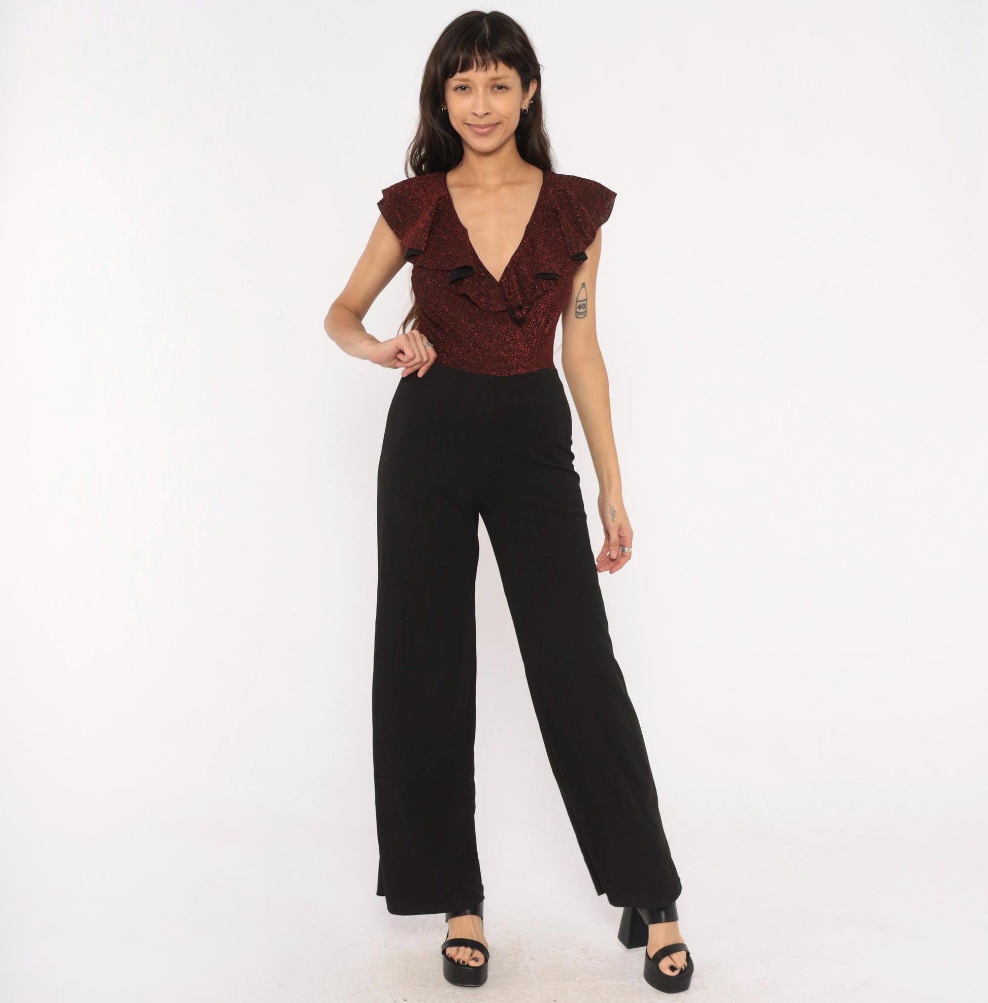 2000s Crece Jumpsuit Black Burgundy Glitter Ruffle Deep V Wide Leg Medium M