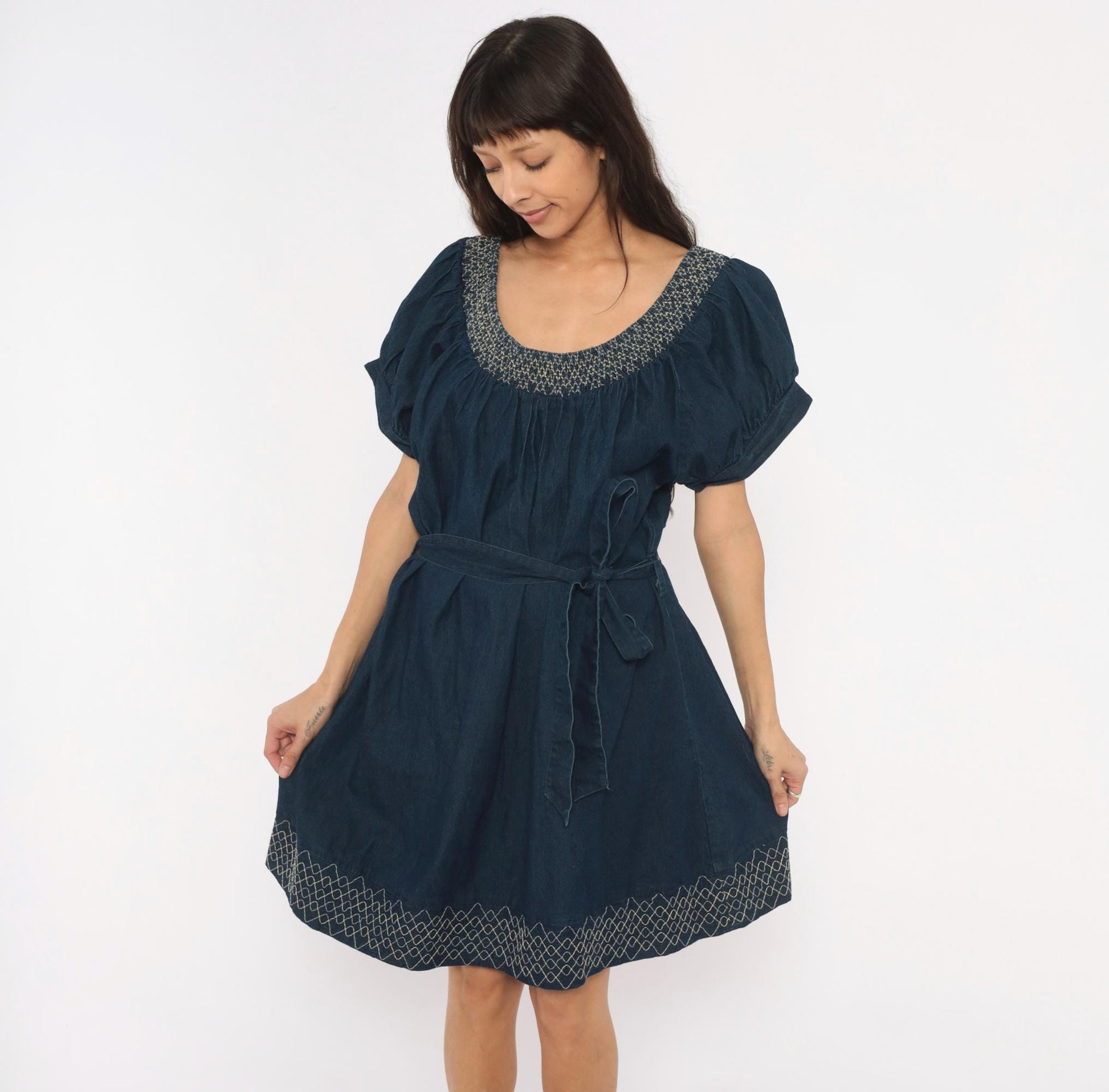 90s Roommates California Navy Denim Mini Dress Puff Sleeve Embroidered Plus Size 3X