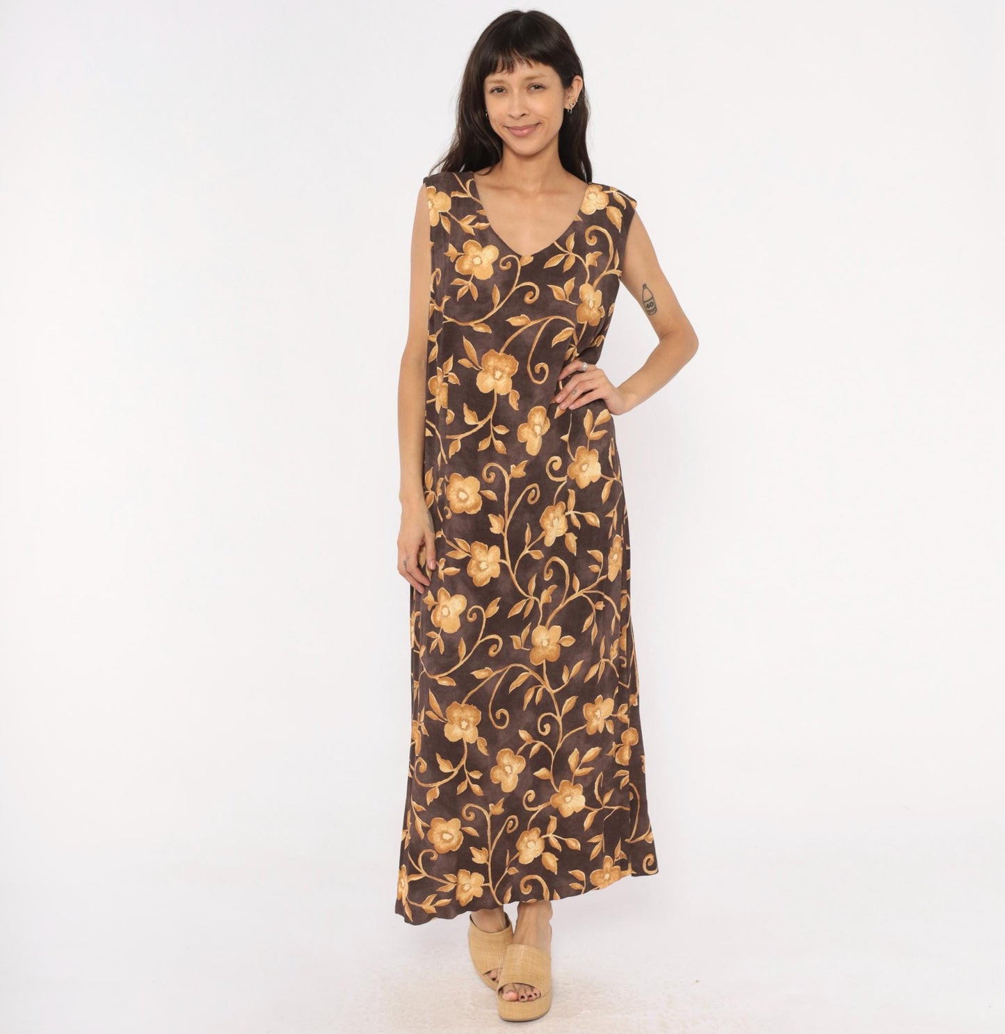 90s AGB Floral Maxi Dress Brown Gold Vine Sleeveless V Neck Plus Size XXL