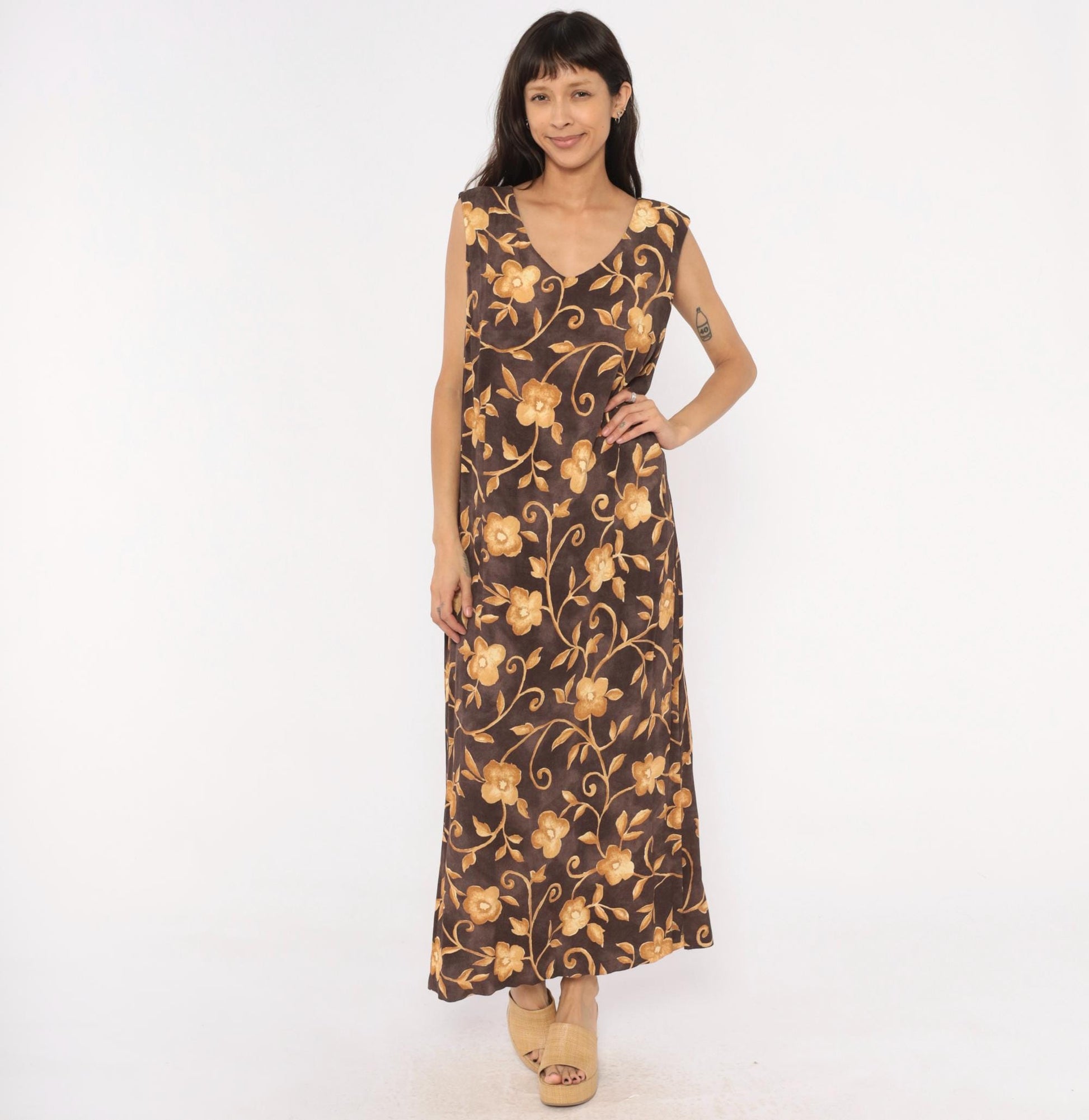 90s AGB Floral Maxi Dress Brown Gold Vine Sleeveless V Neck Plus Size XXL