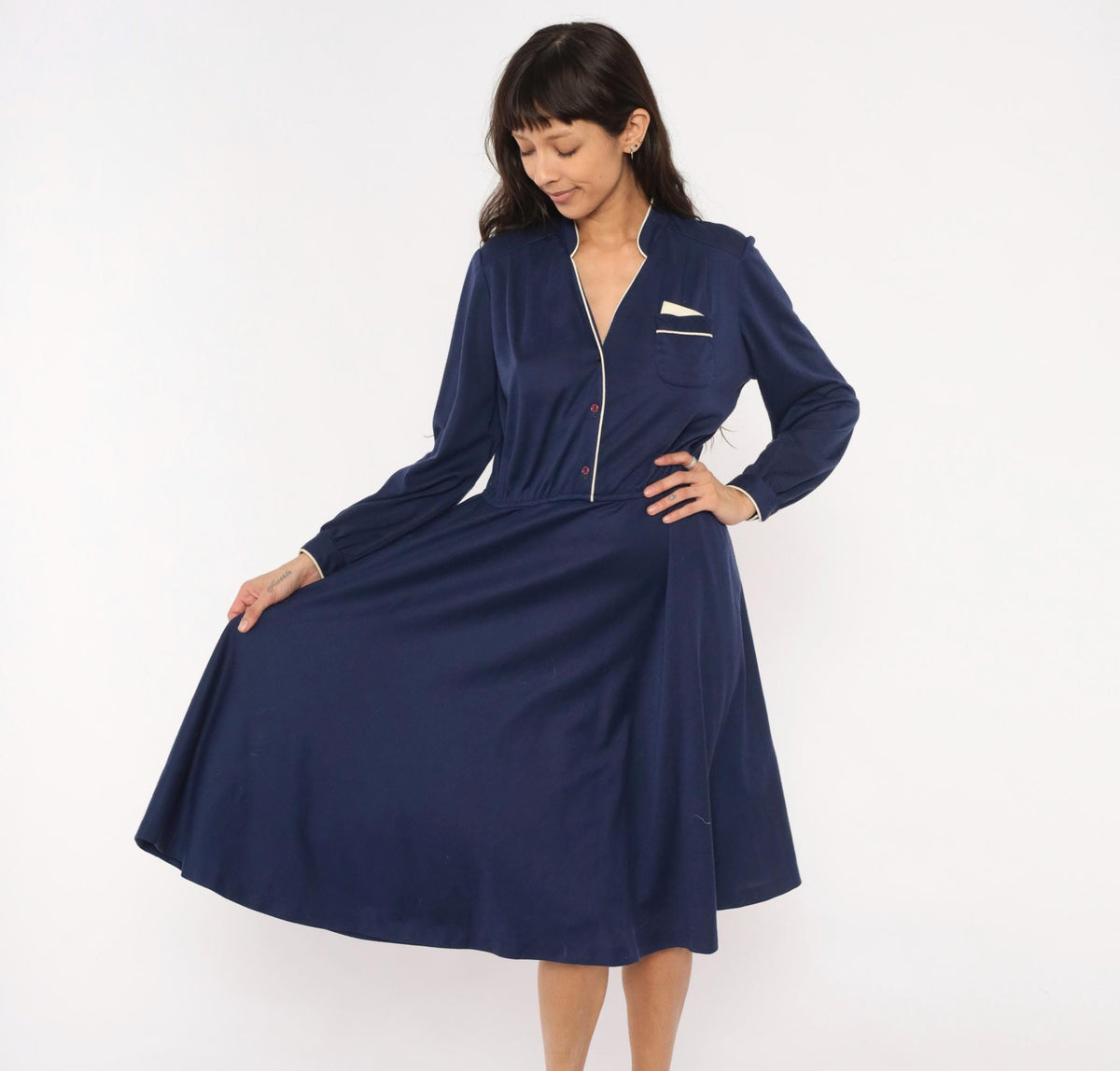 80s Ms. Sugar Navy Cotton Dress V-Neck Button Front Blouson Sleeve Medium Large