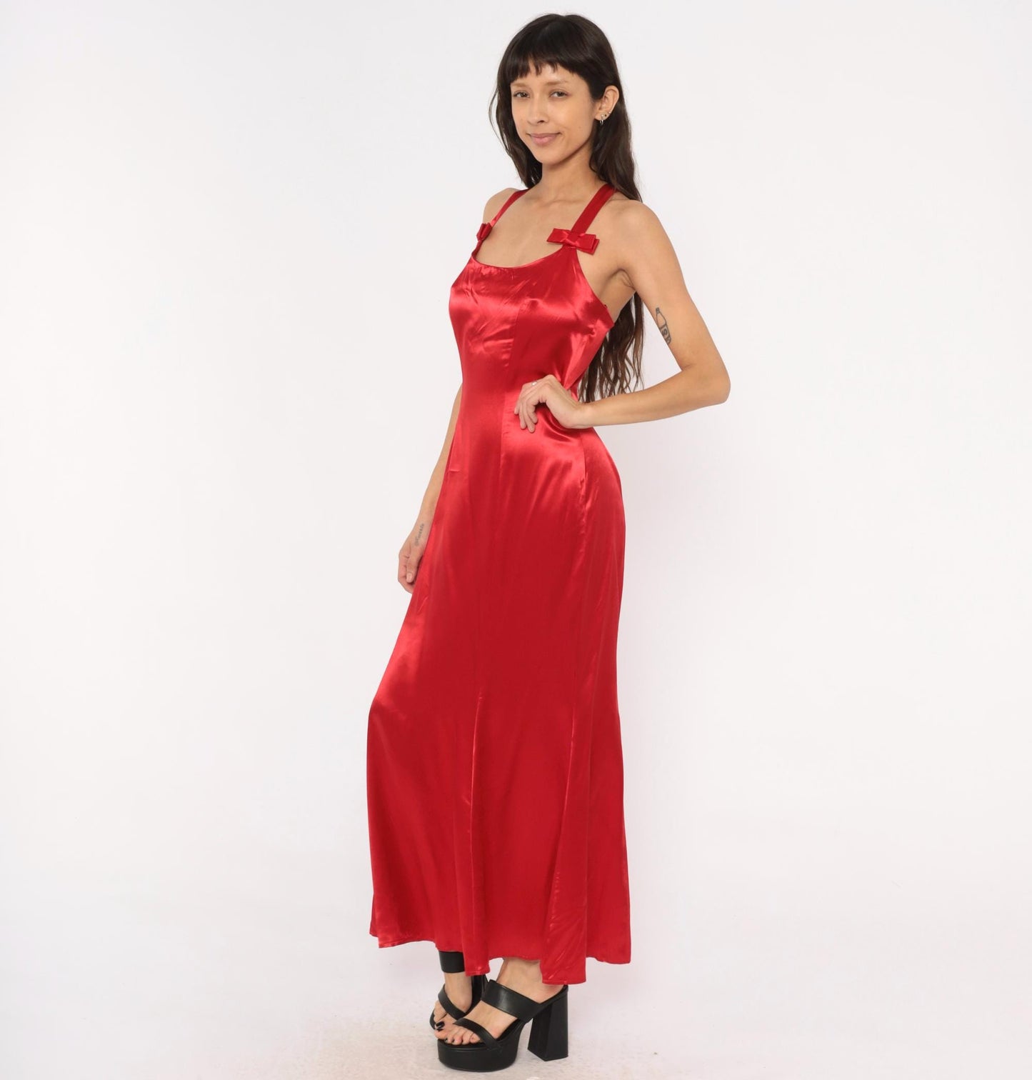 90s Be Smart Red Satin Maxi Slip Dress Bow Strap Crossback Small S