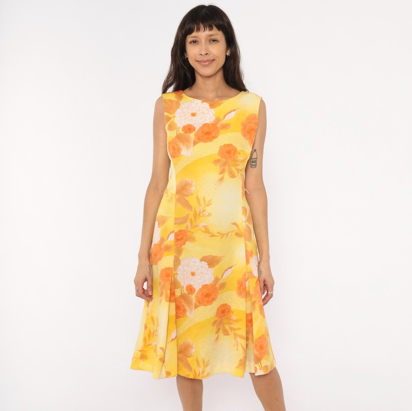 1970s Polynesian Casuals Floral Dress Yellow Orange Peony Knee-Length Small
