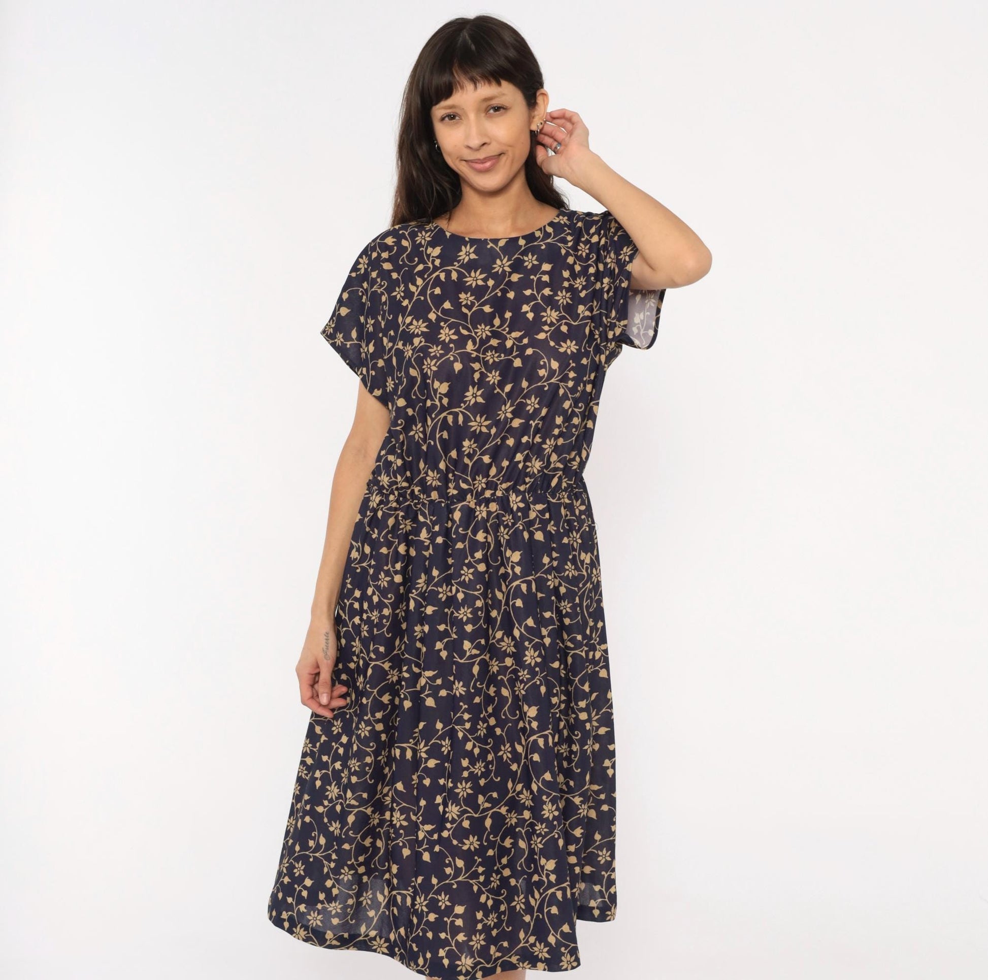 80s Navy Tan Floral Vine Midi Dress Gathered Waist Keyhole Back Extra Large