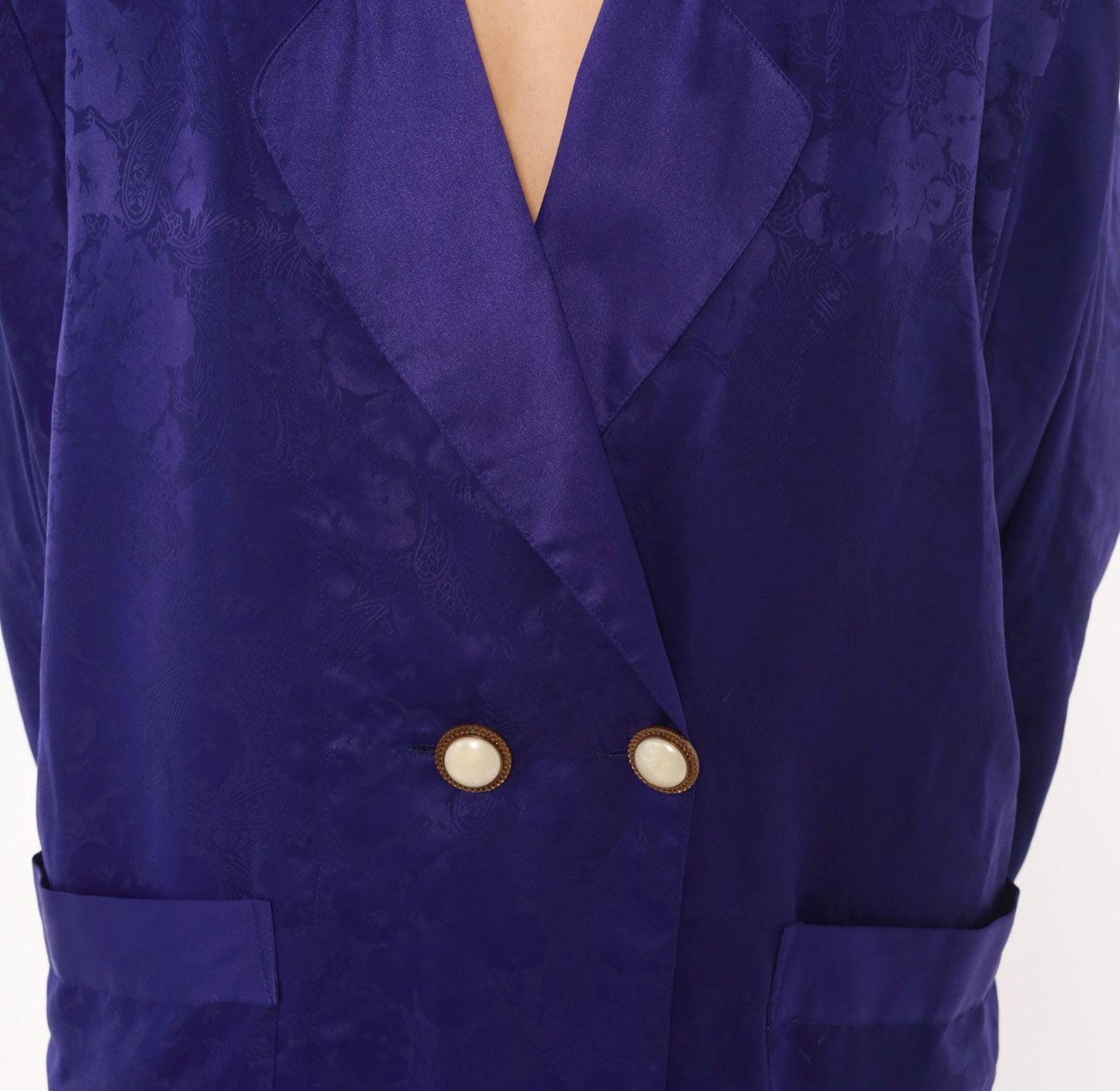 90s Victoria's Secret Purple Jacquard Midi Robe Double Breasted Satin Lapel Small