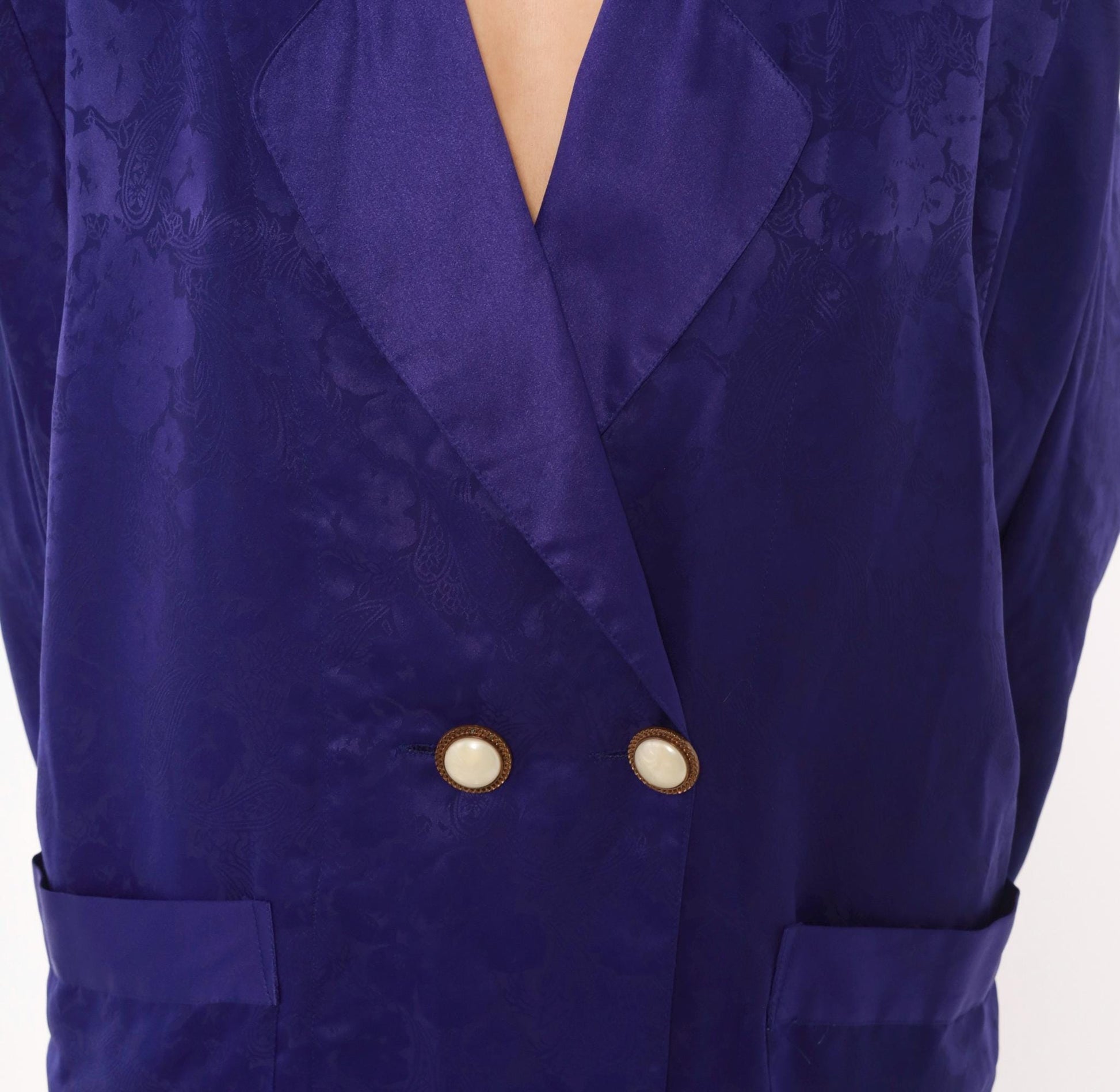 90s Victoria's Secret Purple Jacquard Midi Robe Double Breasted Satin Lapel Small