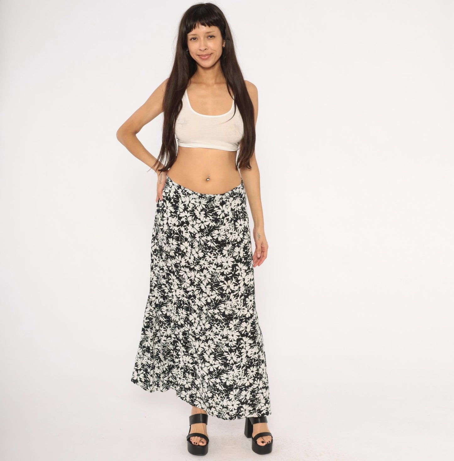 Y2K Briggs Black Daisy Floral Maxi Skirt Ivory Cream Medium M