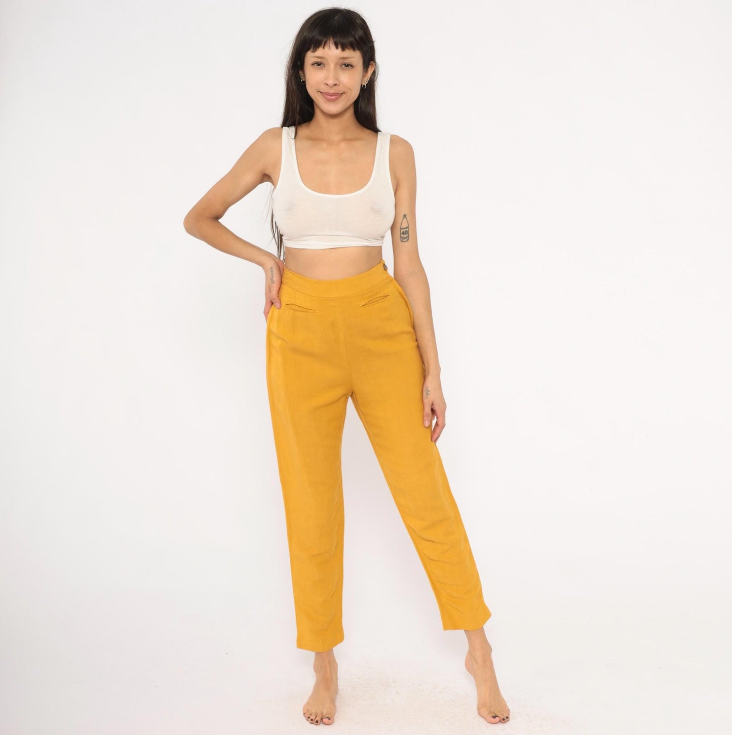 90s Sāke Mustard Linen High-Waist Tapered Trousers Extra Small XS