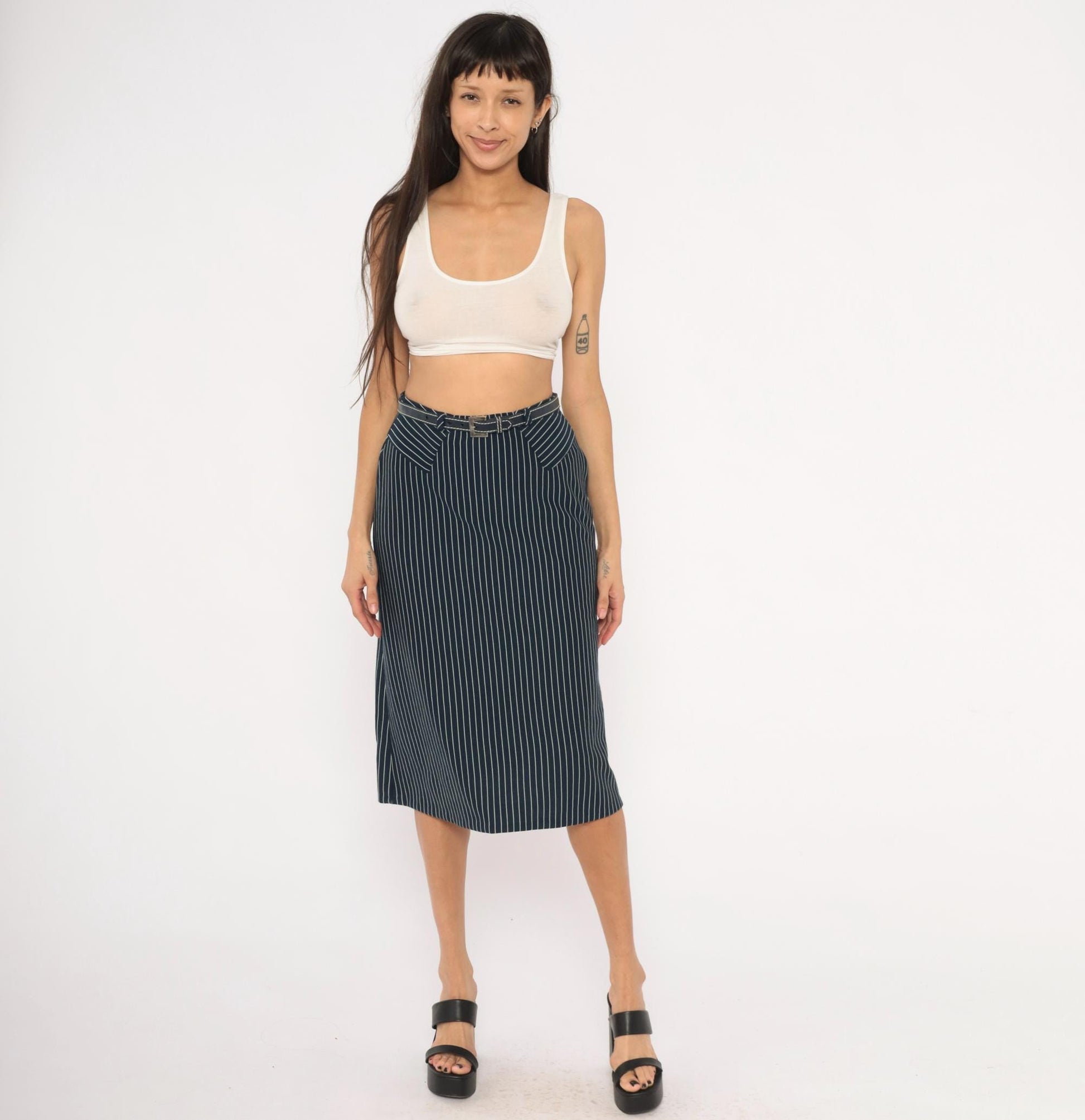 70s Jantzen Navy Pinstripe Midi Skirt Belted White Stripe Small S