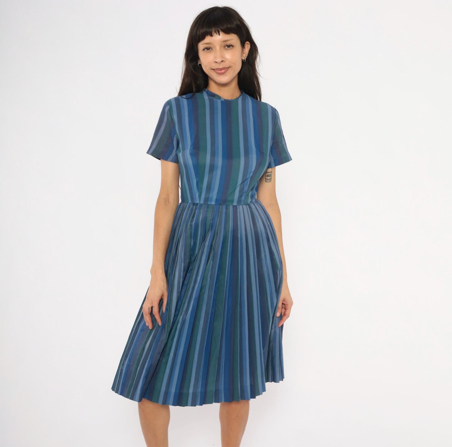 60s Stacy Ames Striped Pleated Midi Dress Navy Teal Crew Neck Small