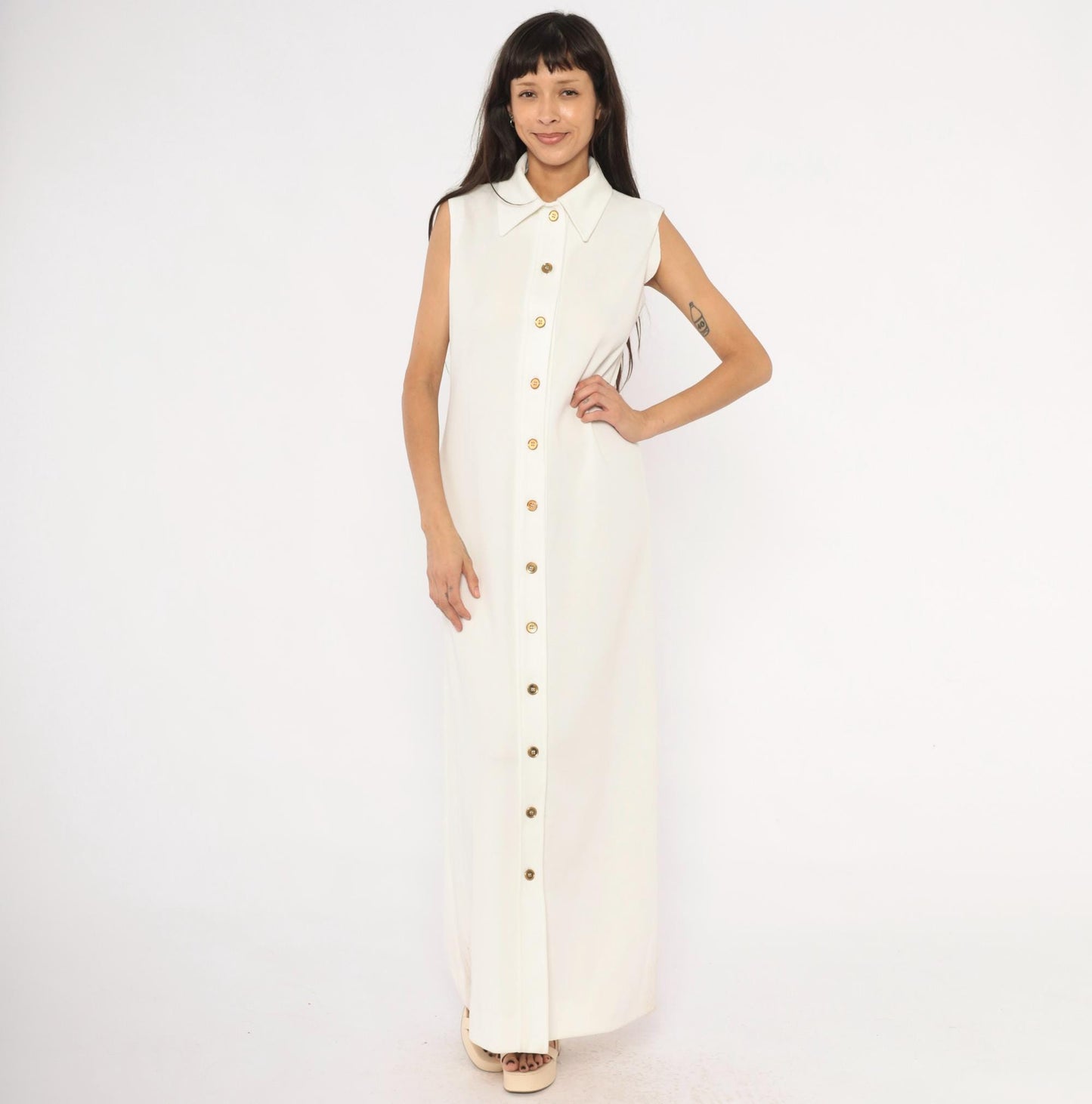 70s Ivory Sleeveless Maxi Shirtdress Gold Buttons Pointed Collar Medium