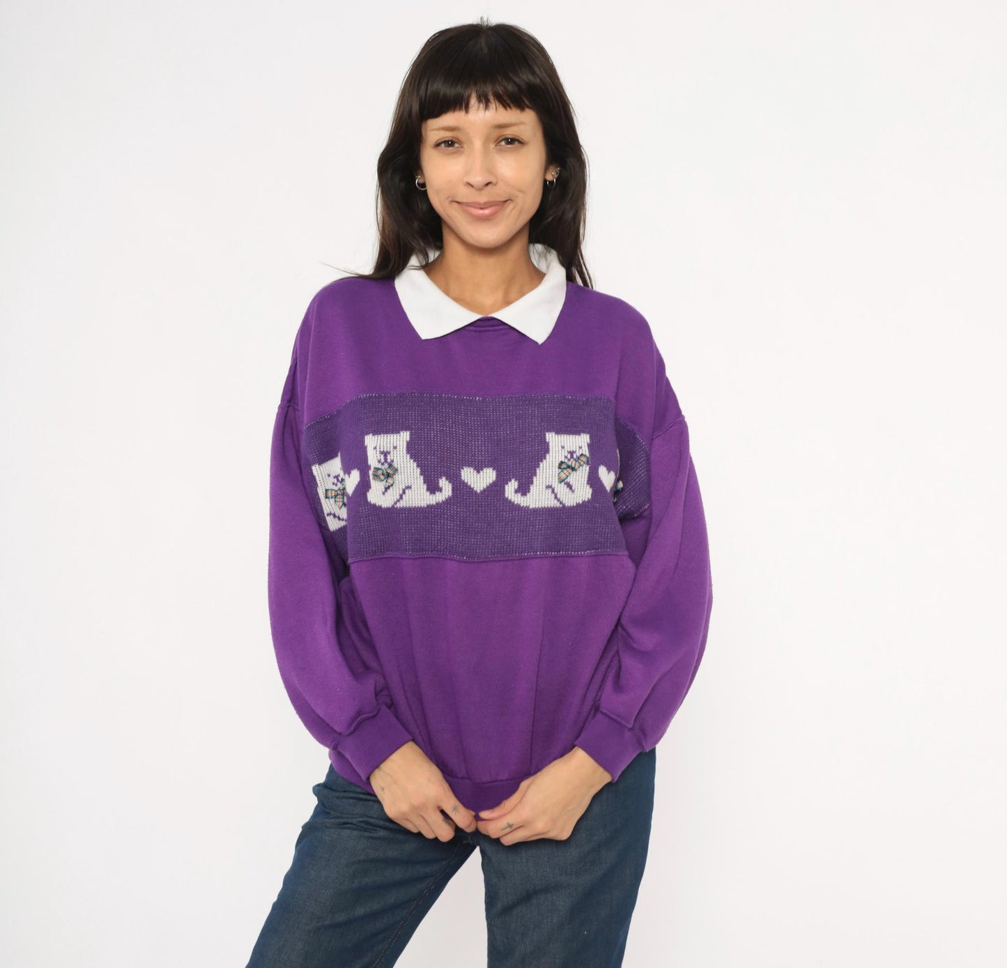 90s Purple Cat Collared Sweatshirt White Collar Plaid Bow Heart Panel Plus Size 1X