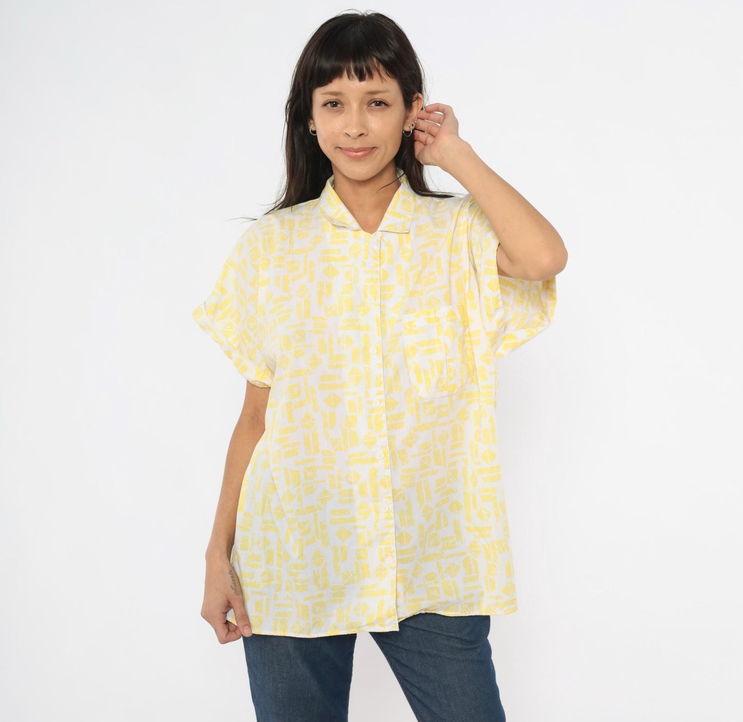 90s Golden Wings Abstract Geometric Shirt Yellow White Collared Blouse Large L