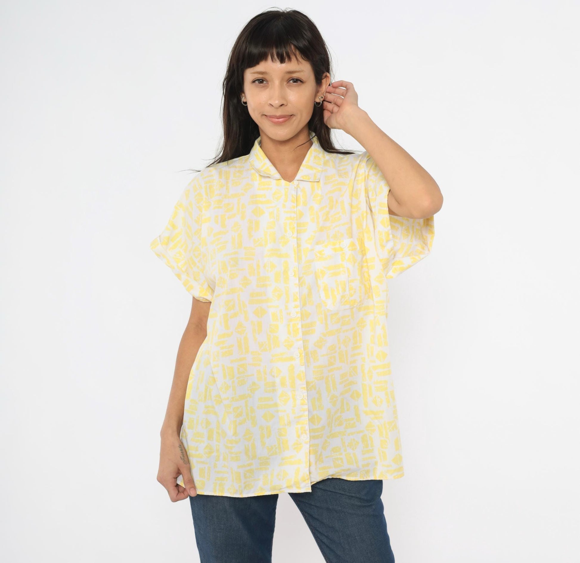 90s Golden Wings Abstract Geometric Shirt Yellow White Collared Blouse Large L