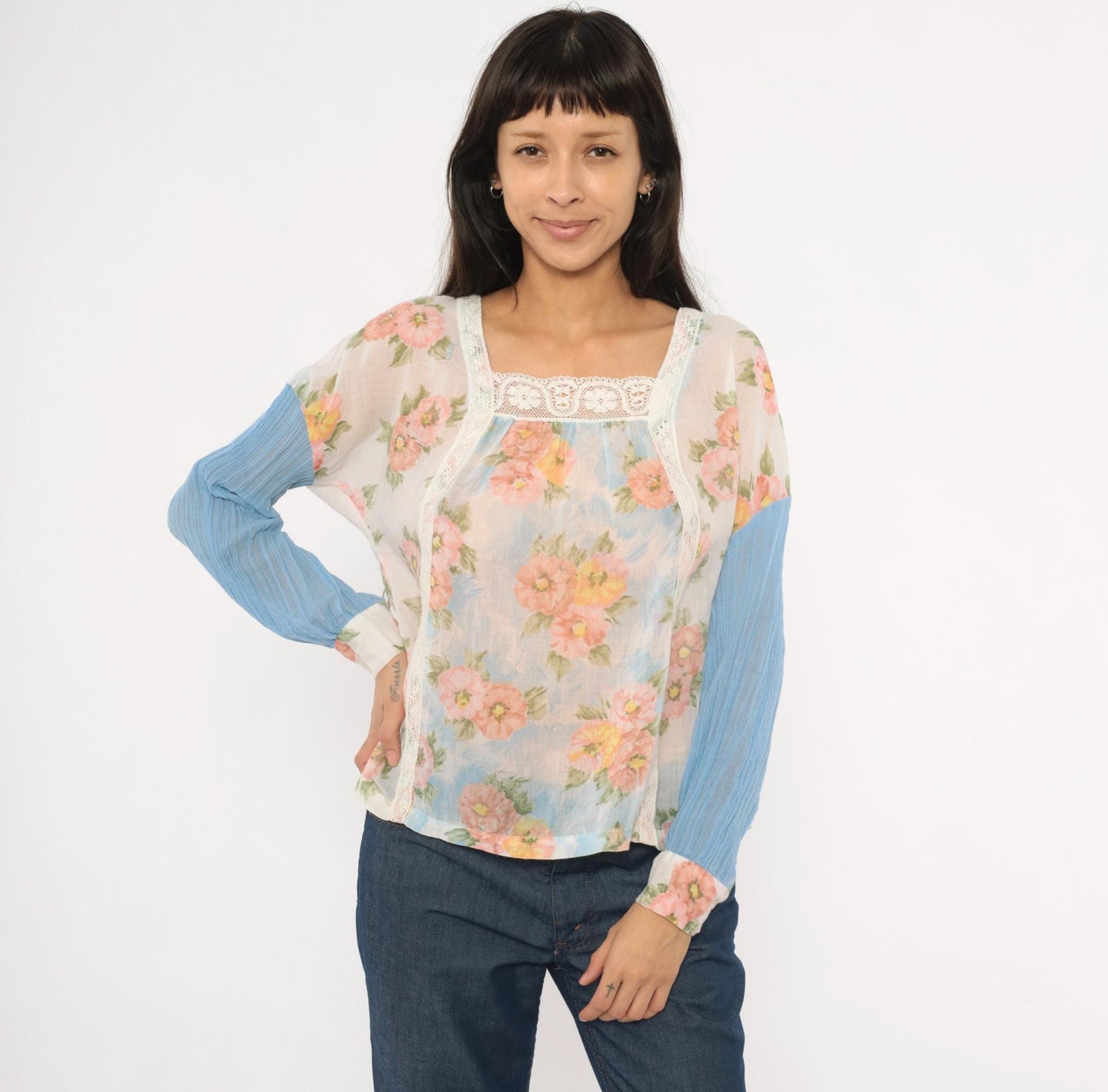 70s Arnelle of California Floral Peasant Blouse Pink Rose Cotton Gauze Medium