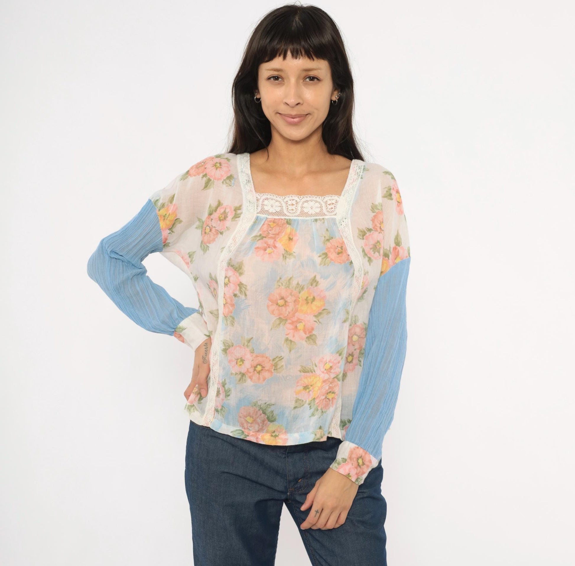 70s Arnelle of California Floral Peasant Blouse Pink Rose Cotton Gauze Medium