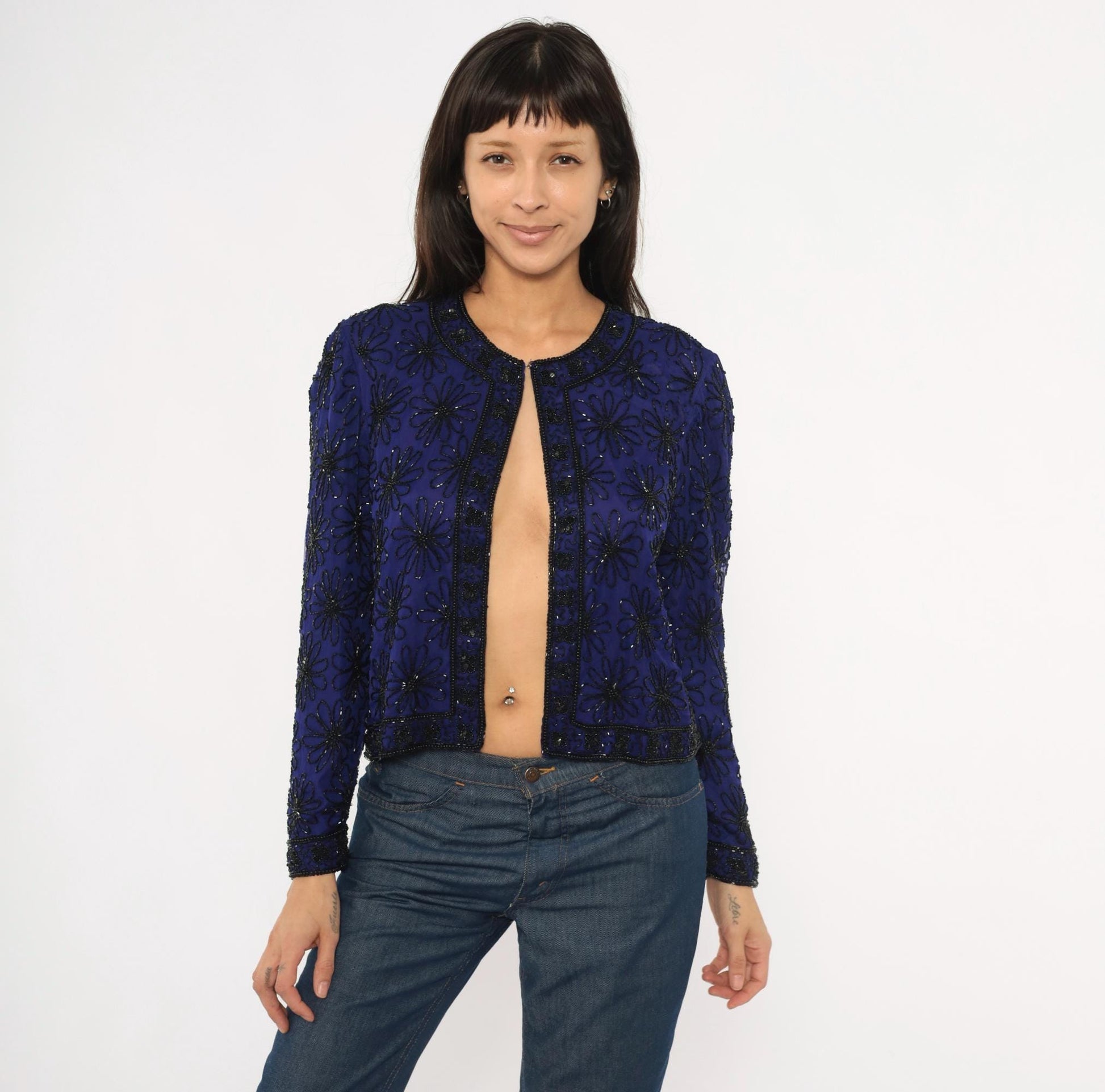 90s Stenay Silk Cropped Jacket Navy Beaded Floral Sequin Small