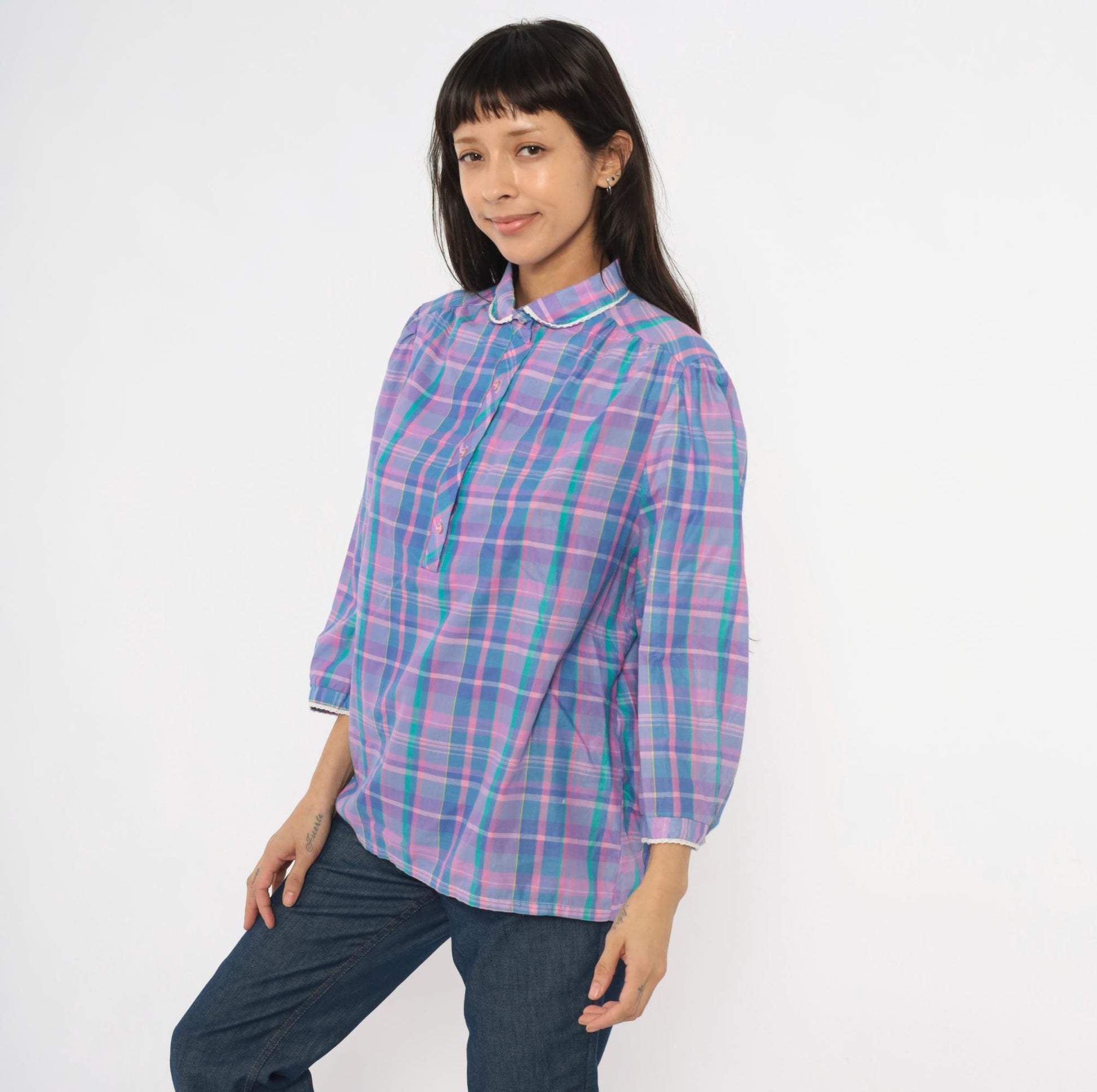 80s Maggie Sweet Plaid Puff Sleeve Blouse Peter Pan Collar Purple Teal Large